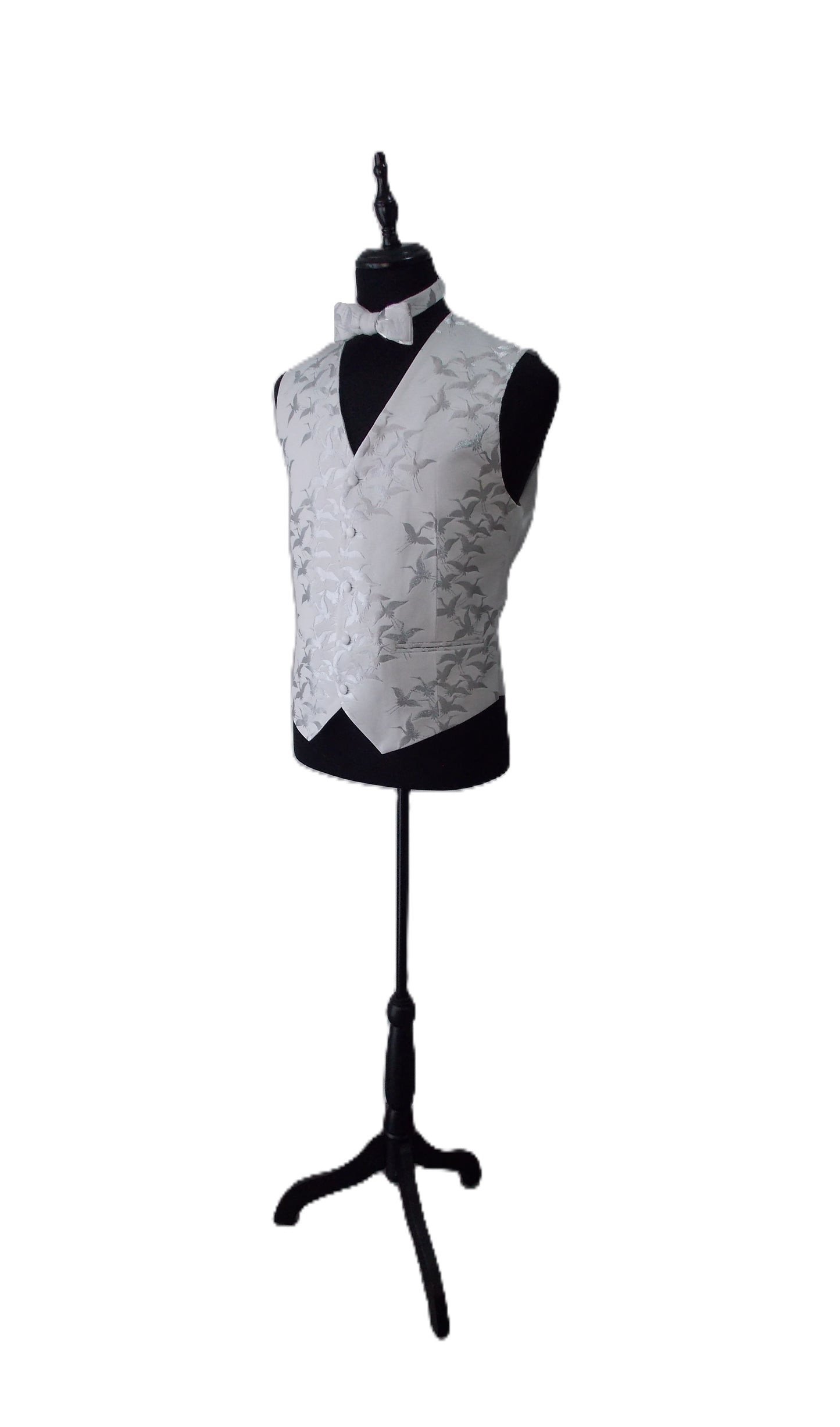 Herren Fliege zum Selbstbinden KIMONO Goldbrokat Weiß Silber Kranich Muster passt 13 -20 Zoll versandfertig