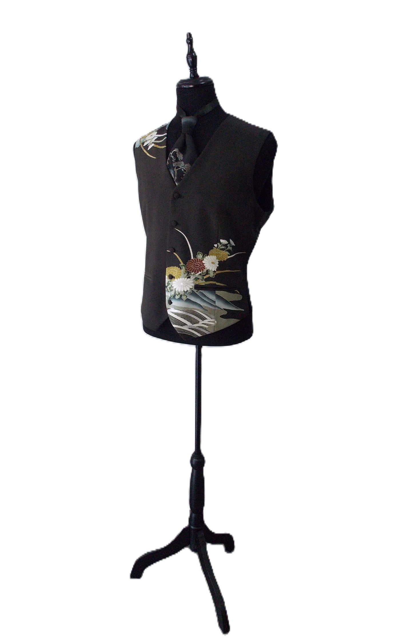 Krawatte für Herren aus formeller schwarzer Kimono-Seide im Vintage-Stil, mit Querformat, Schwarz, Weiß, Beige und Blau, passt 15 - 20 Zoll, versandfertig