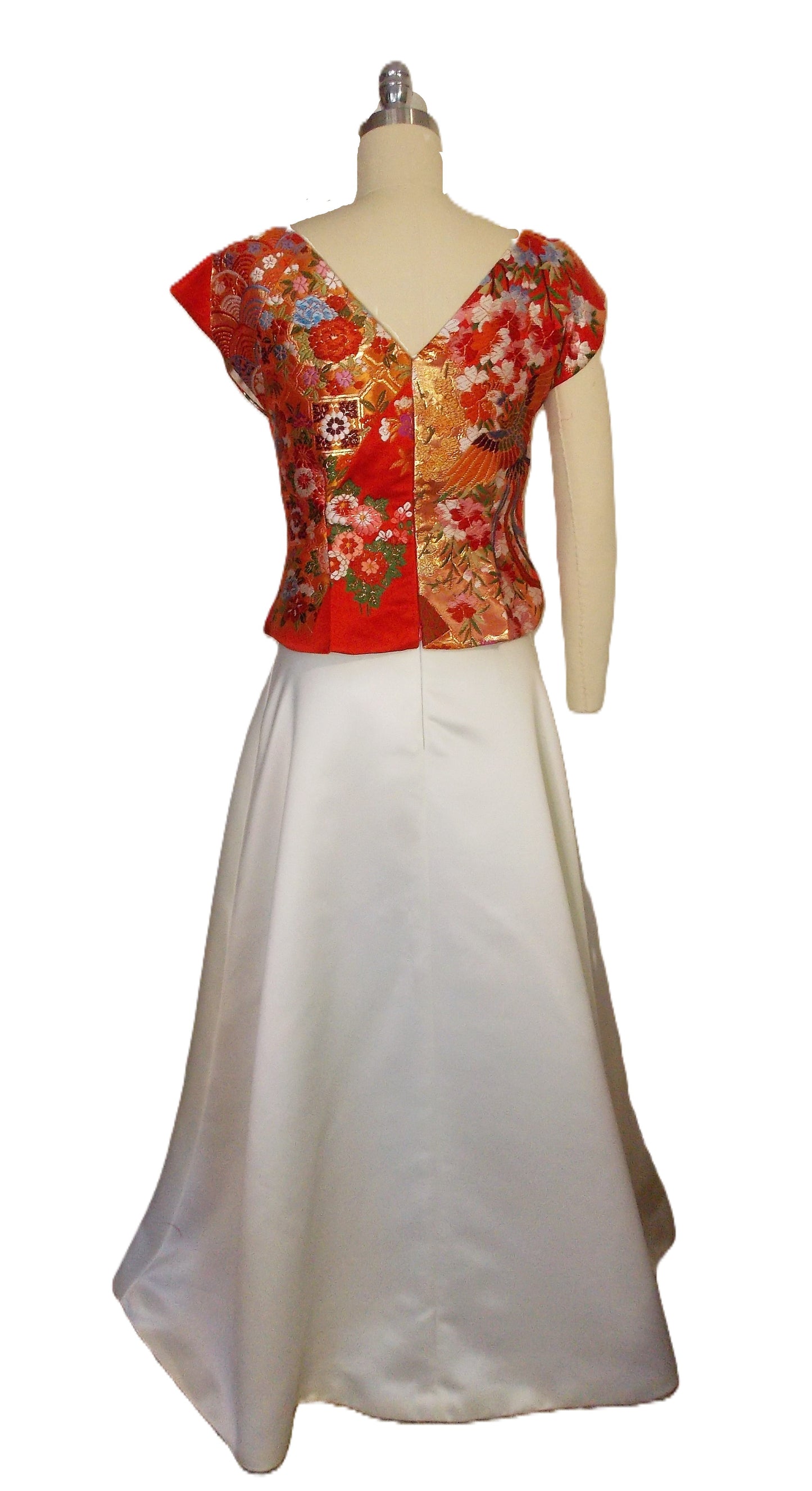 Kleid Top mit Vintage rot Hochzeit KIMONO OBI Schleife Schärpe SAKURA Kirschblüte Phönix Gold Brokat Frühlingsblume versandfertig