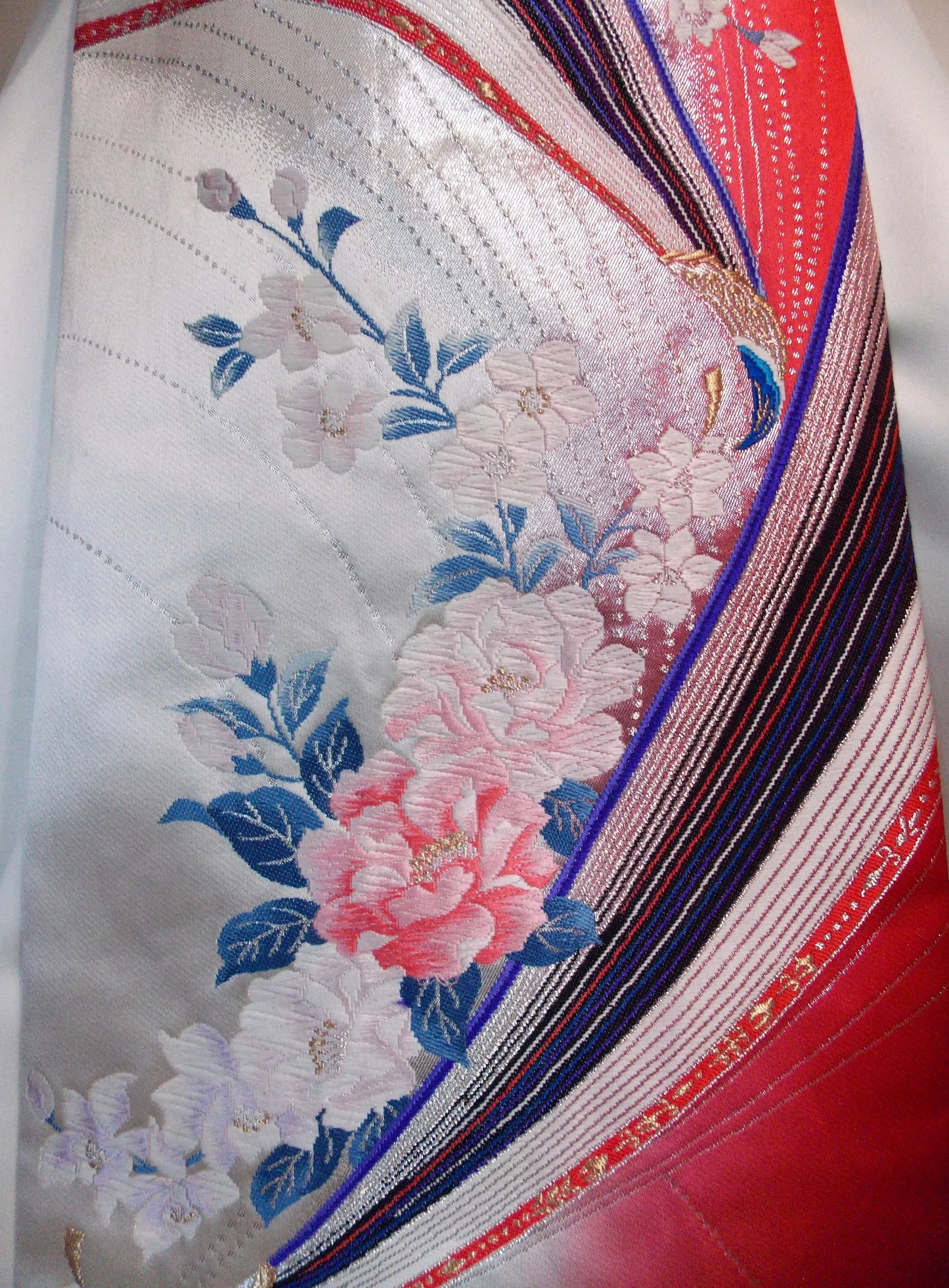 KIMONO OBI Schärpe langer Schwanz vorgebunden Hochzeit Vintage Seide Goldbrokat OBI Elfenbein Silber Rot Rosa Gold Pfingstrose Pfau versandfertig