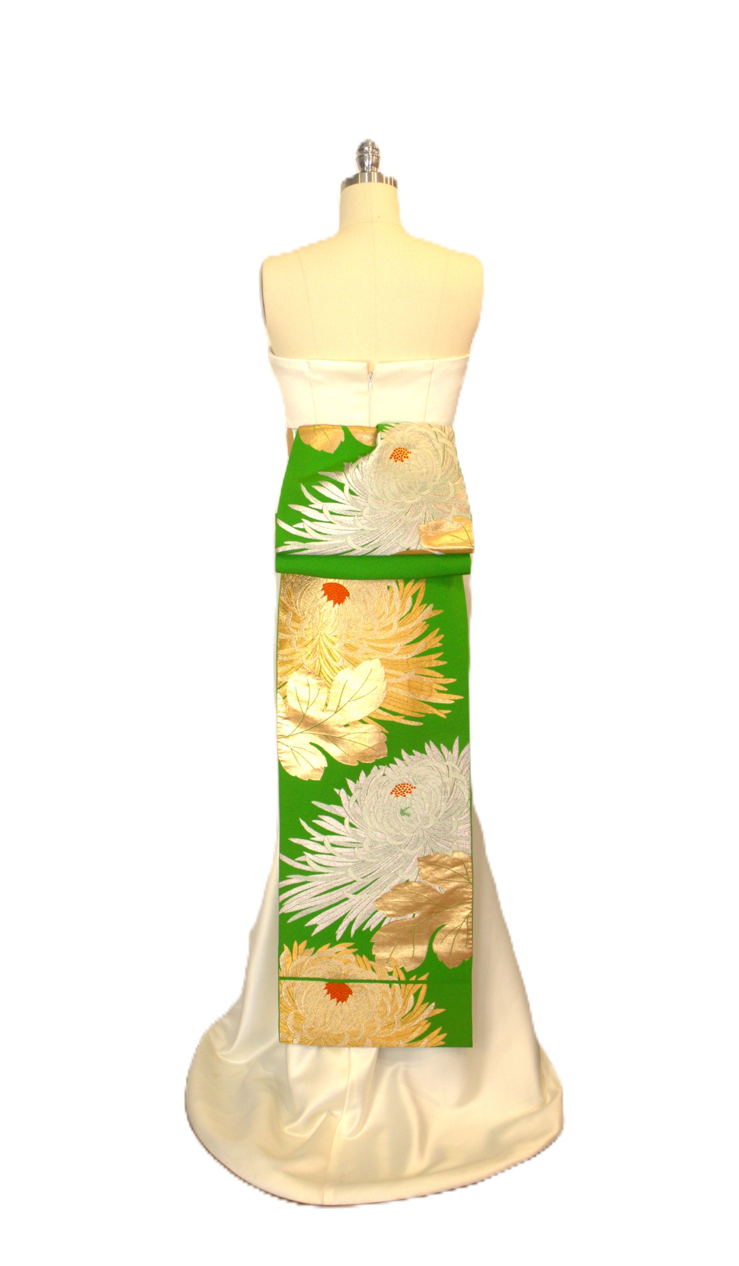 OBI sash long tail pre tied silk gold brocade Fresh Green Gold Silver White Chrysanthemum