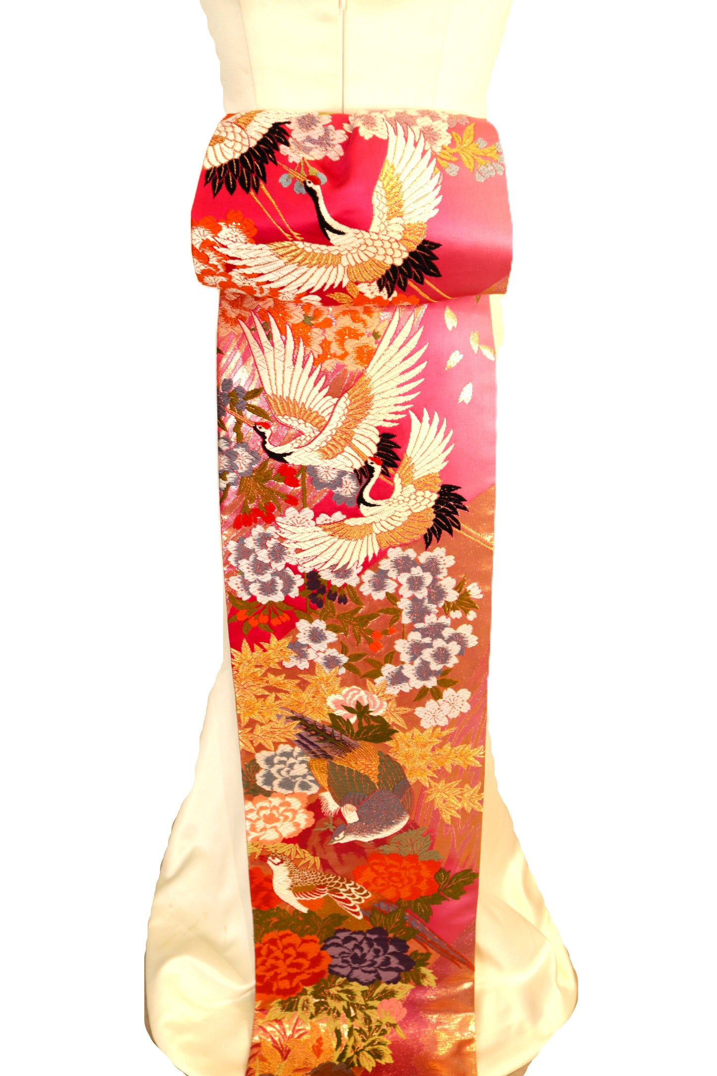 Ceinture KIMONO OBI longue queue pré-nouée mariage vintage UCHIKAKE soie brocart or rouge bleu sarcelle blanc grue fleur de cerisier prêt à être expédié