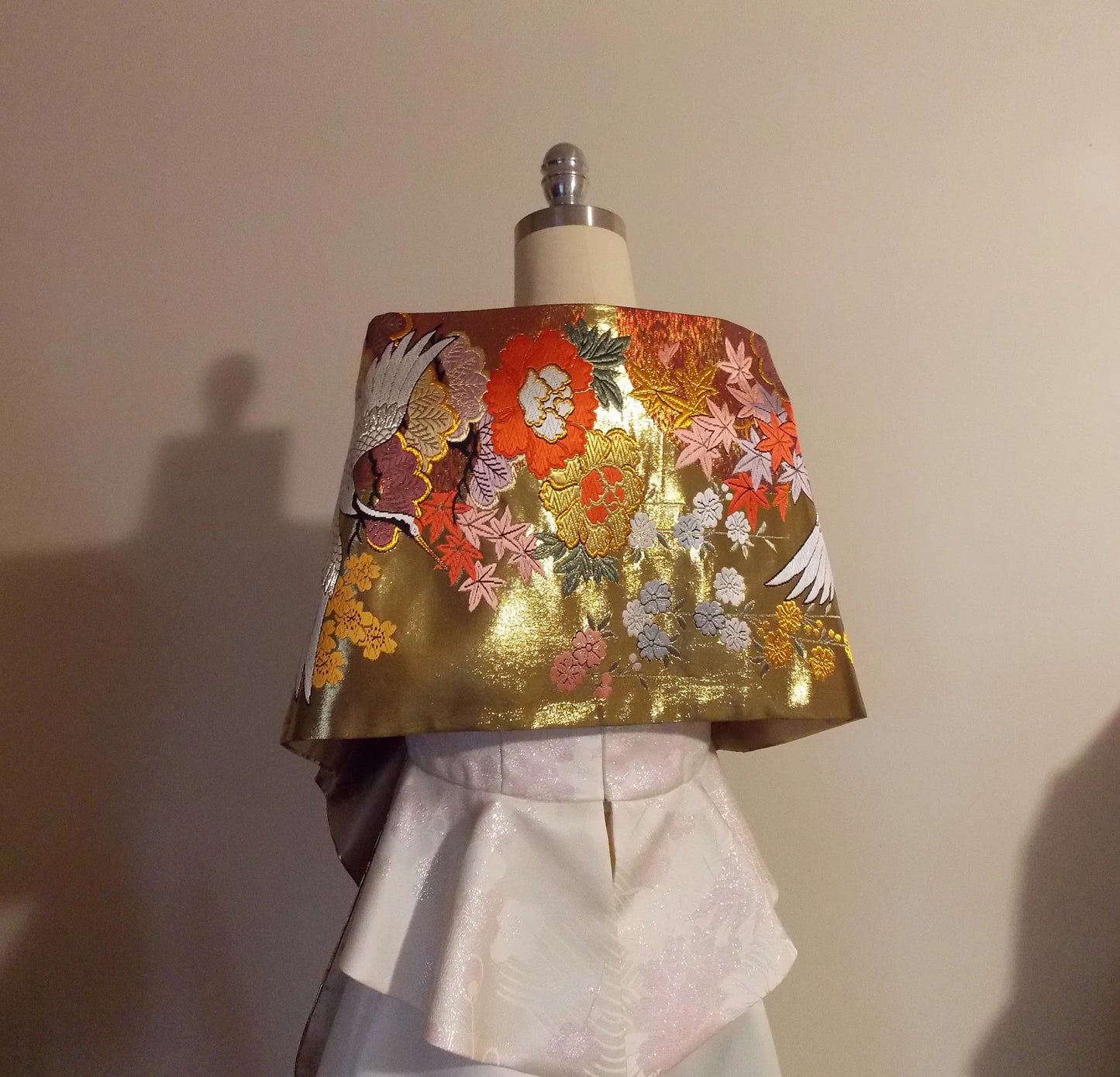 KIMONO Shawl Wedding Vintage UCHIKAKE silk gold brocade metallic gold crane chrysanthemum SAKURA cherry blossom flower made to order