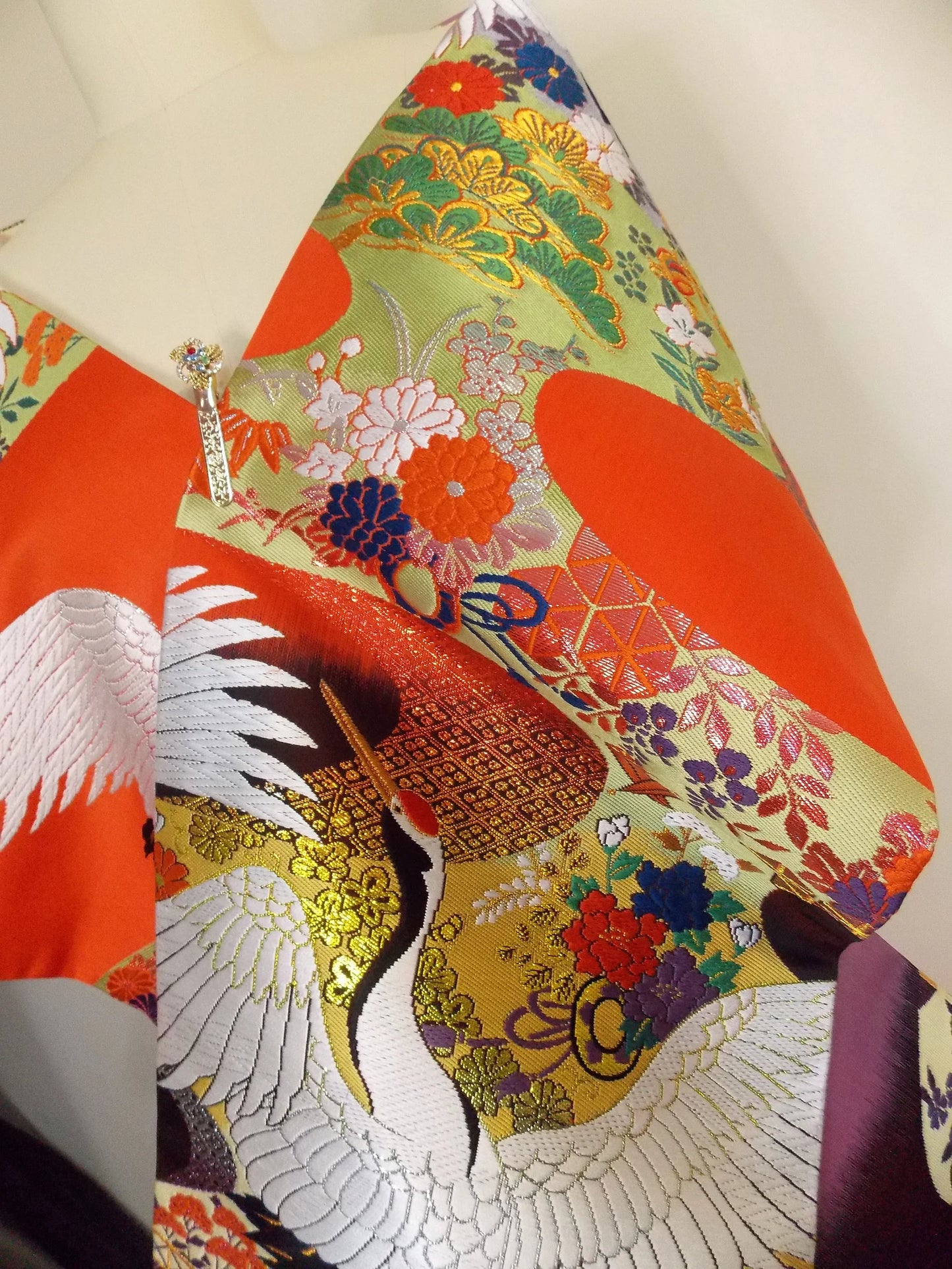 KIMONO Shawl Wedding Vintage UCHIKAKE silk gold brocade purple orange Bordeaux cream green white crane flower lame ready to ship