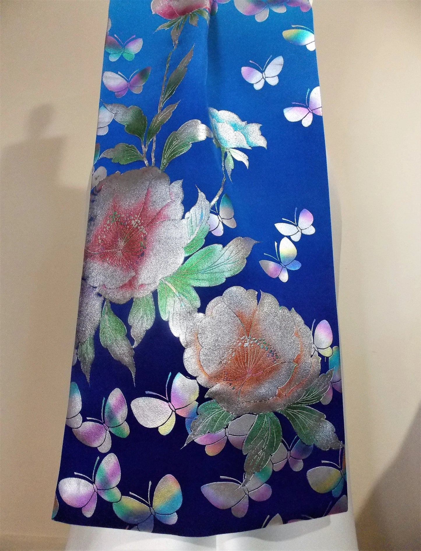 KIMONO OBI Schärpe mittlerer Schwanz vorgebunden Hochzeit Vintage Seidenkrepp OBI Blau Abstufung Himmel Royal Navy Silber Schmetterling Pfingstrose versandfertig