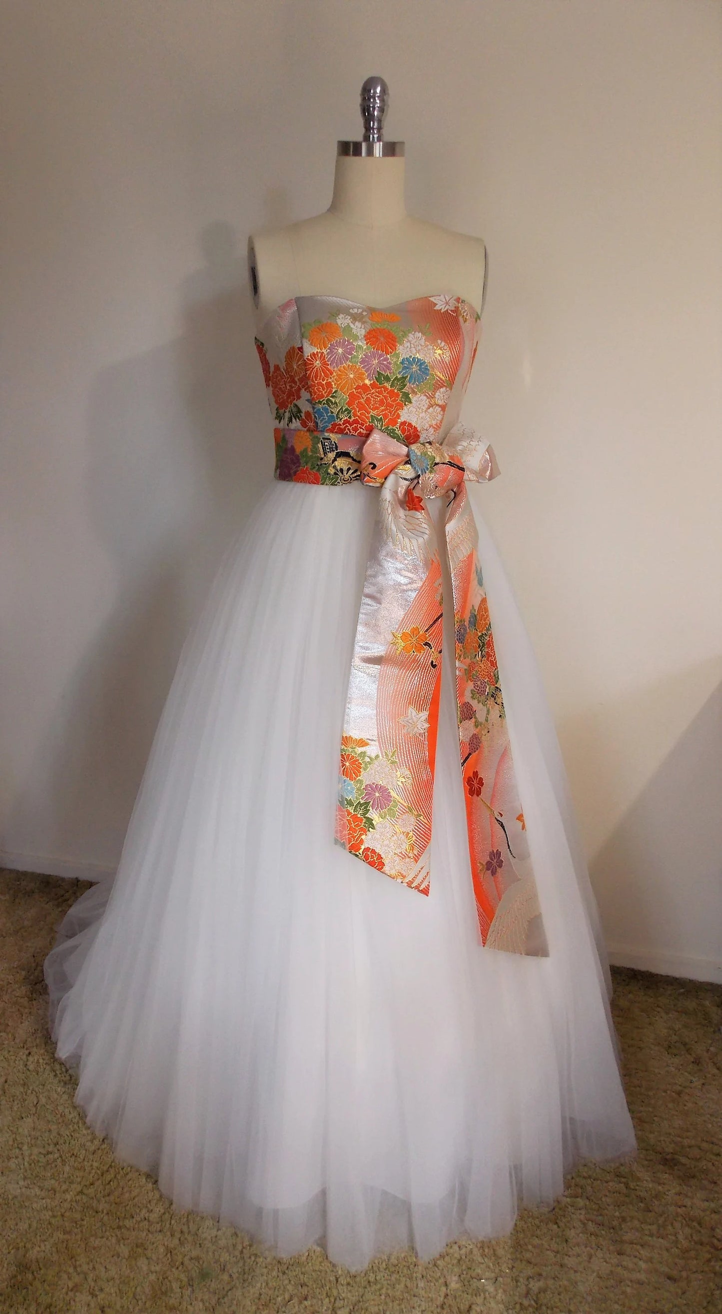 KIMONO Tüllkleid silber apricot Kimono Top Schnürung Tüllrock OBI Schleife Schärpe Hochzeit Ballkleid Abschlussball elfenbein orange weiß Kranich versandfertig