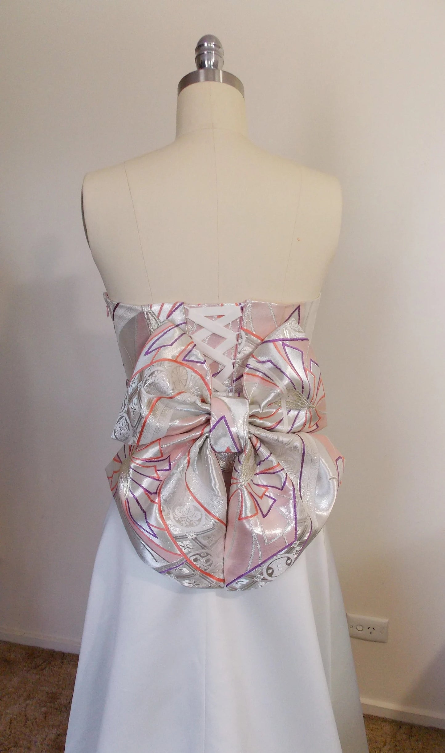 KIMONO wedding dress top bustier Lace up back made with vintage silk Pink silver OBI gold brocade butterfly KAMON flower size 8 10 ready to ship
