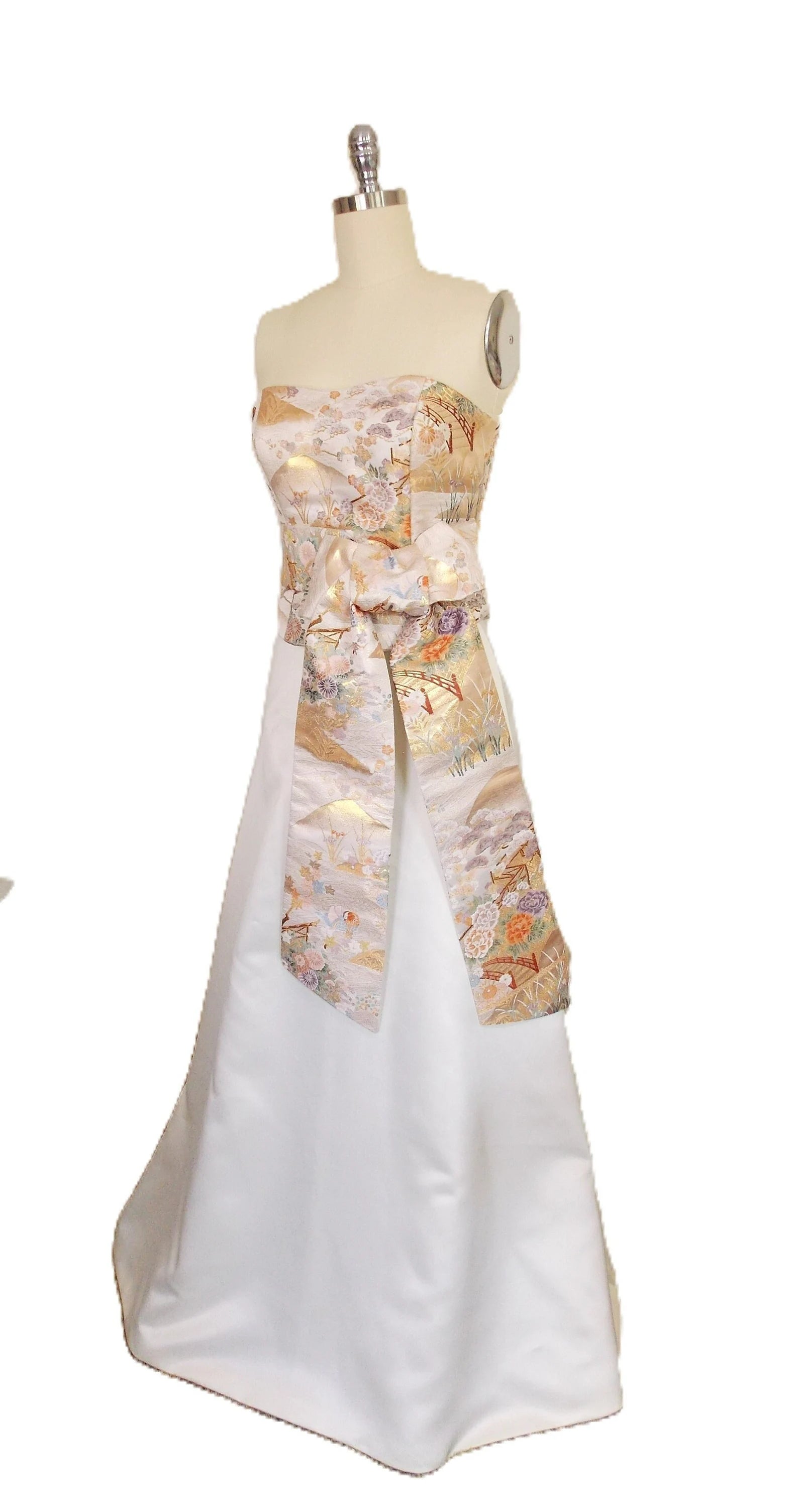KIMONO wedding dress top bustier pastel vintage silk OBI ivory gold br –  Kimono Shantique