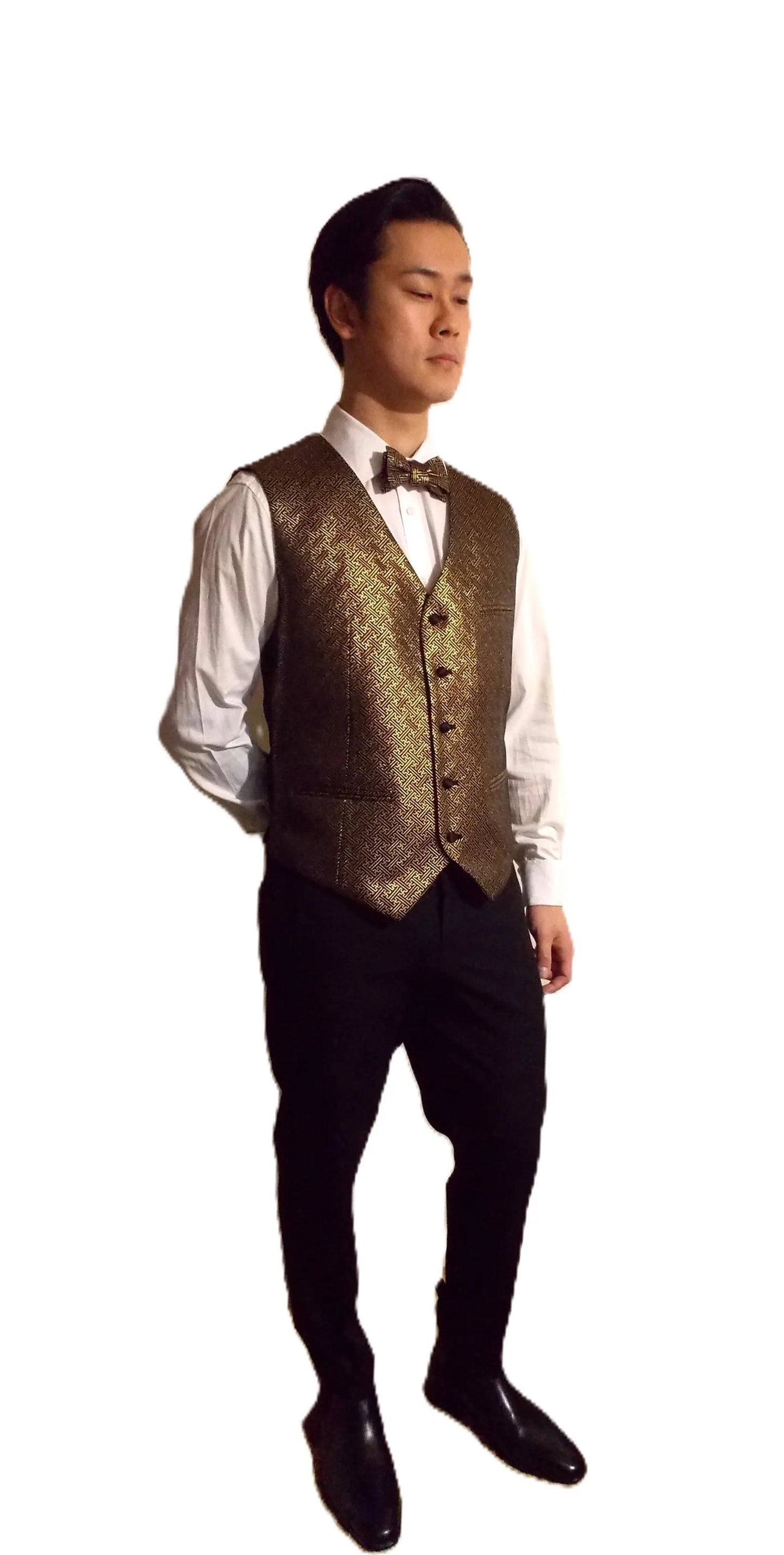 Fliege zum Selbstbinden für Herren, KIMONO, Goldbrokat, Schwarzgold, SAYAGATA-Muster, passend für 13-20 Zoll, auf Bestellung gefertigt