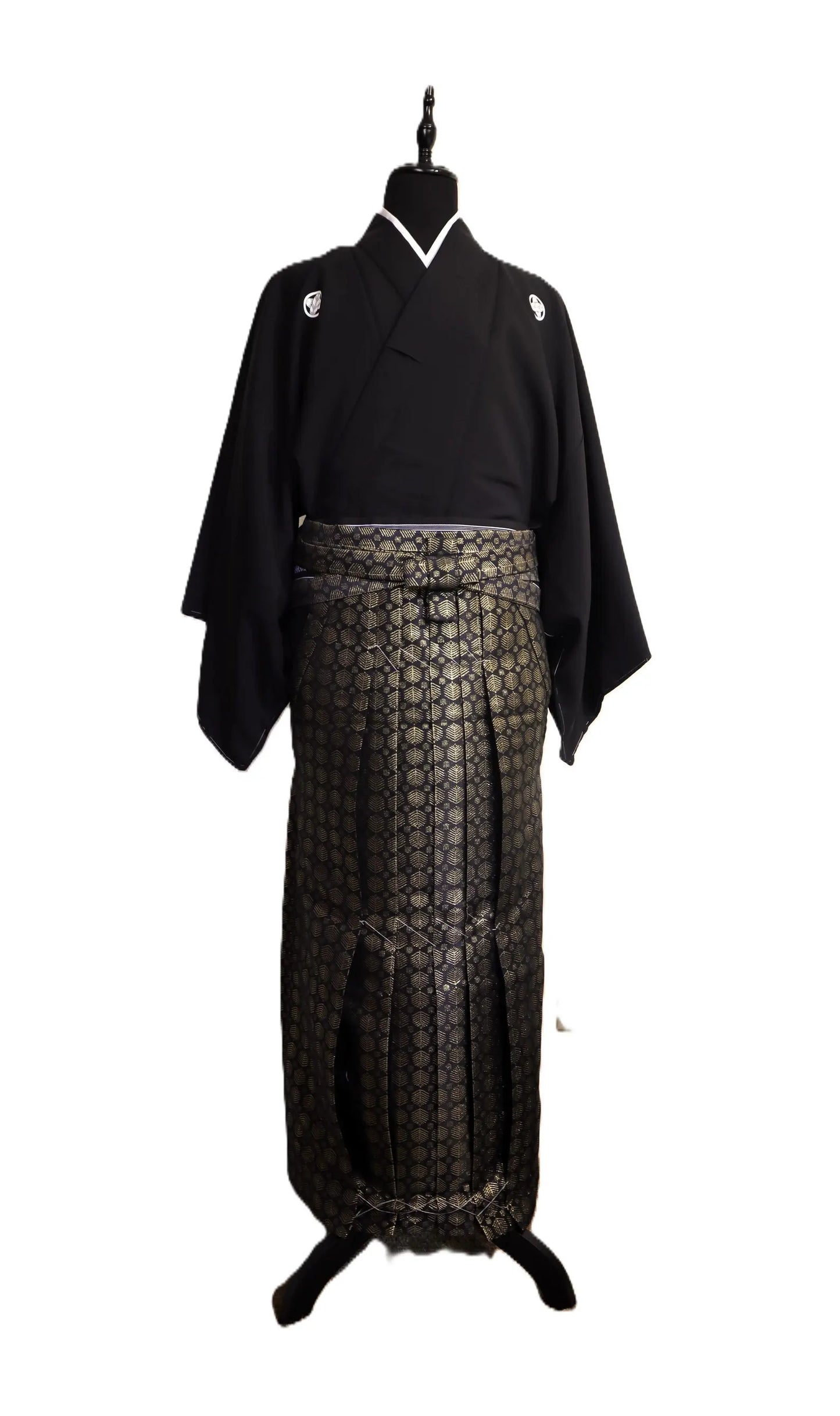 Men's kimono L XL Four piece set #21 vintage MONTSUKI Hakama Kimono Haori Juban Black Gold HAKAMA size l xl ready to ship