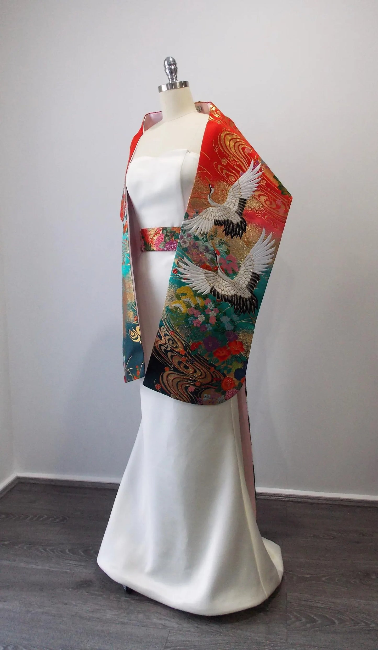 KIMONO OBI Schärpe langer Schwanz vorgebunden Hochzeit Vintage UCHIKAKE Seide Gold Brokat rot blau blaugrün weiß Kranich Kirschblüte versandfertig