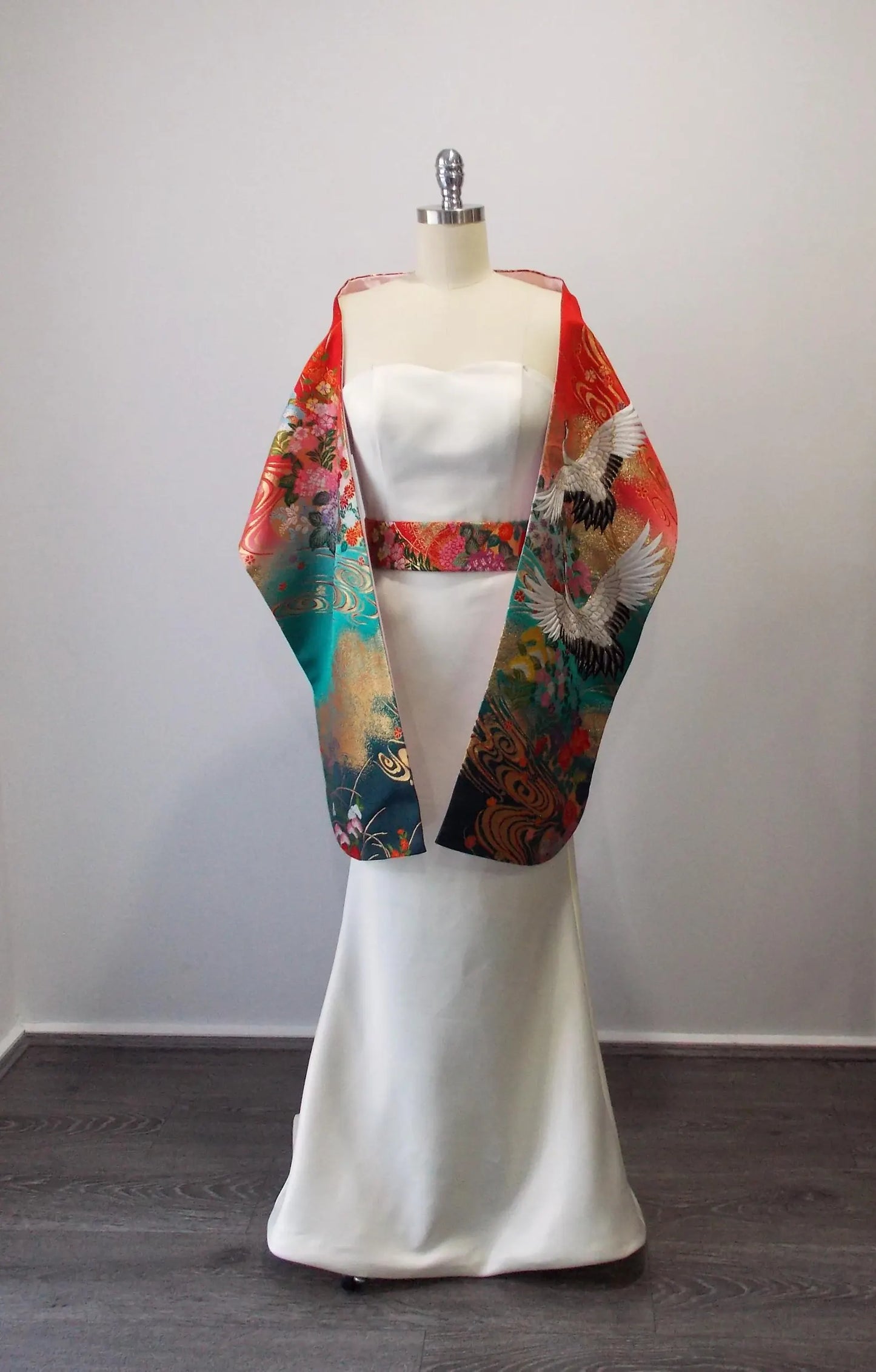 KIMONO Schal Hochzeit Vintage UCHIKAKE Seide Gold Brokat rot rosa mint blau blaugrün gold weiß Kranich Sakura Kirschblüte Blume versandfertig