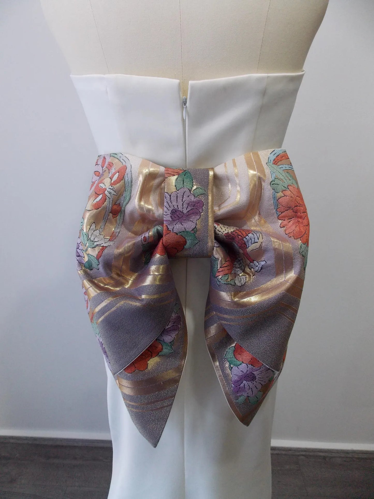 KIMONO OBI Schärpe vorgebunden Hochzeitsschleife Vintage Seide Goldbrokat OBI Champagner Gold Lavendel Abstufung Kikkou Phönix Kamelie versandfertig