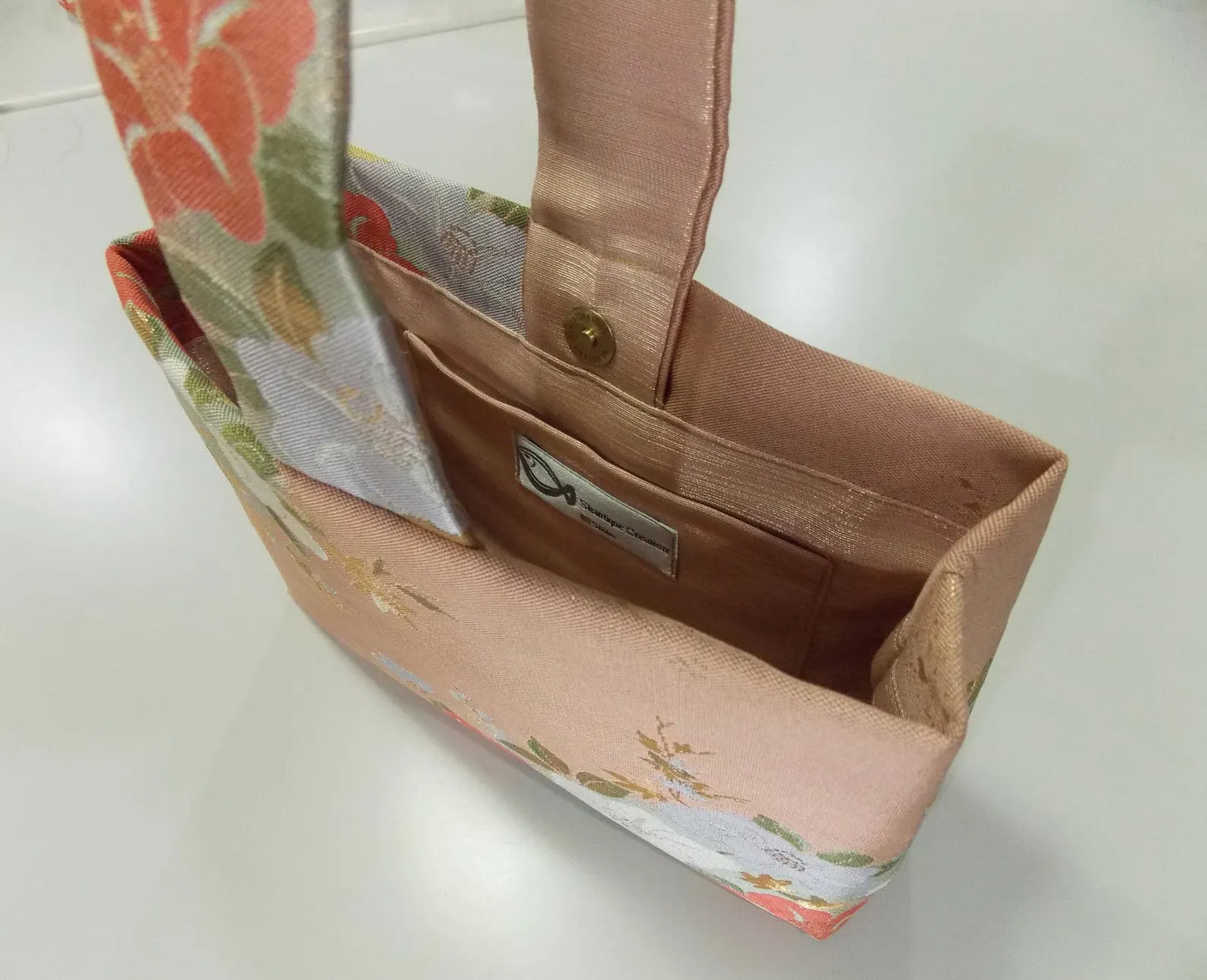 KIMONO Geldbörse Rosa Seiden-OBI mit Goldbrokat lachsrosa Blumengriff Kleine Tasche versandfertig