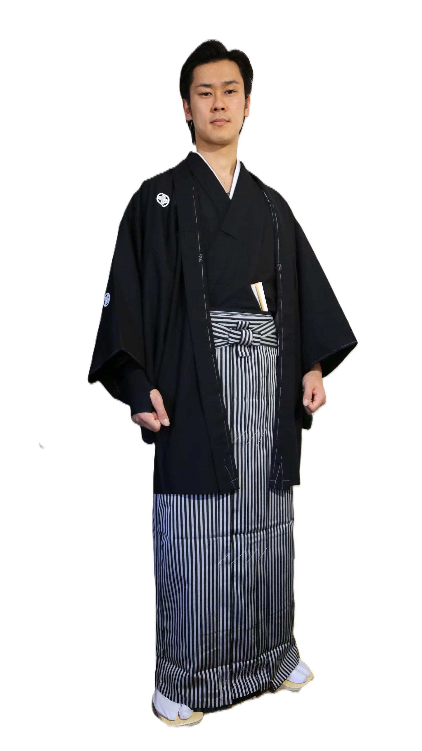 Kimono homme L XL Ensemble quatre pièces #21 MONTSUKI Hakama Kimono Haori Juban Rayure gris noir taille l xl prêt à être expédié