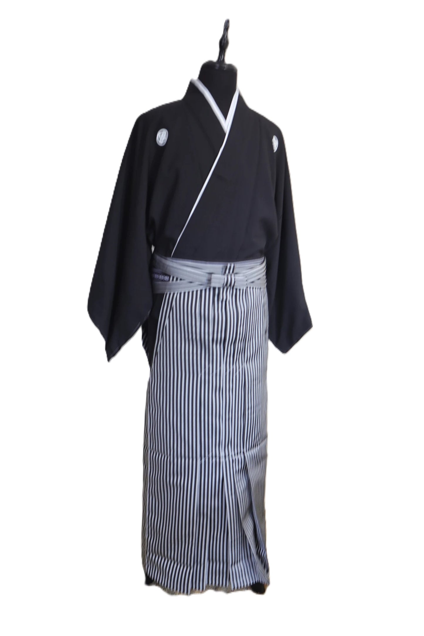 Kimono homme L XL Ensemble quatre pièces #21 MONTSUKI Hakama Kimono Haori Juban Rayure gris noir taille l xl prêt à être expédié