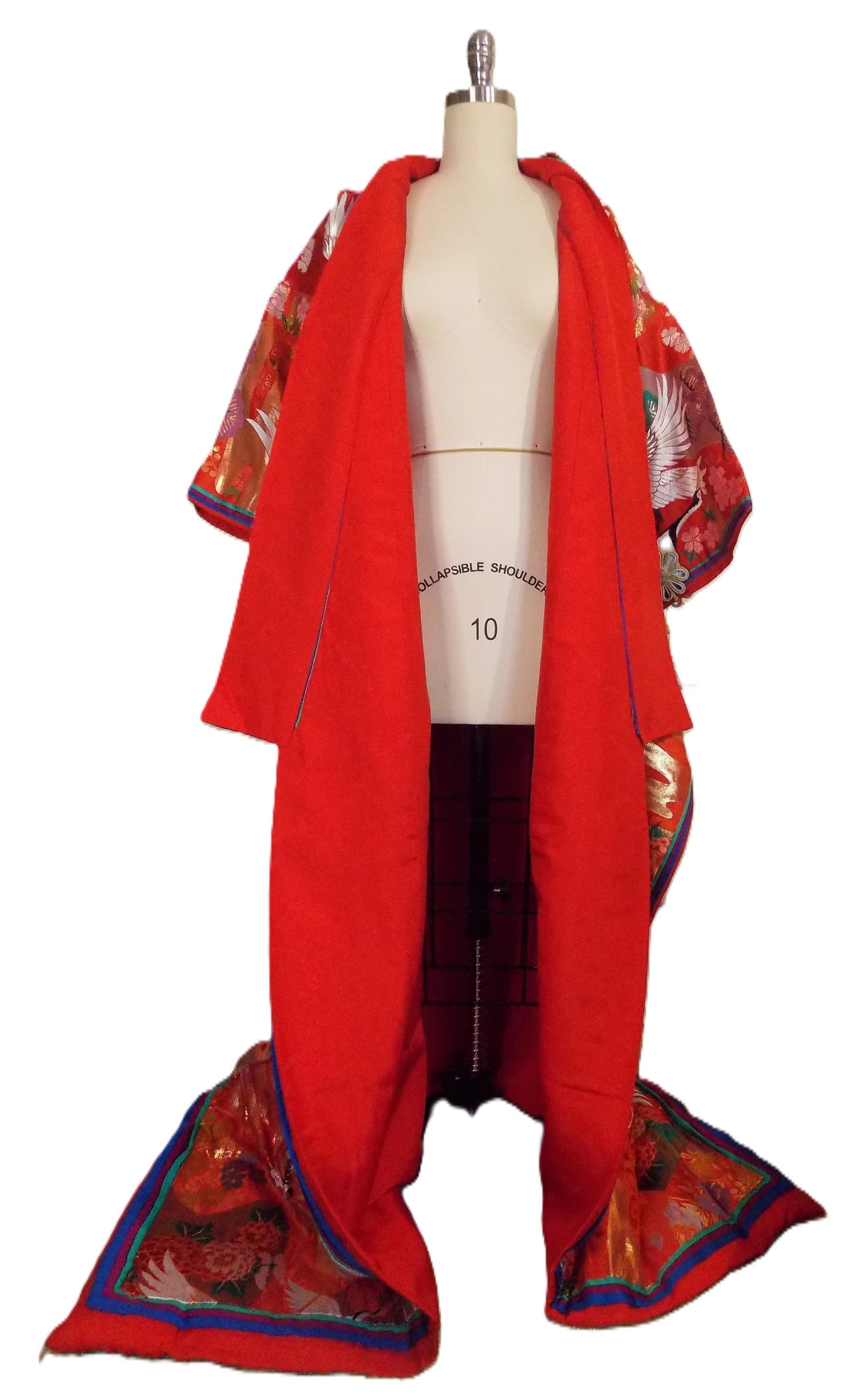 UCHIKAKE Hochzeit Kimono Robe JUNI-HITOE rot gold Sakura Kirschblüte Kranich mehrfarbig Chrysanthemen Blumen Größe frei Versandfertig