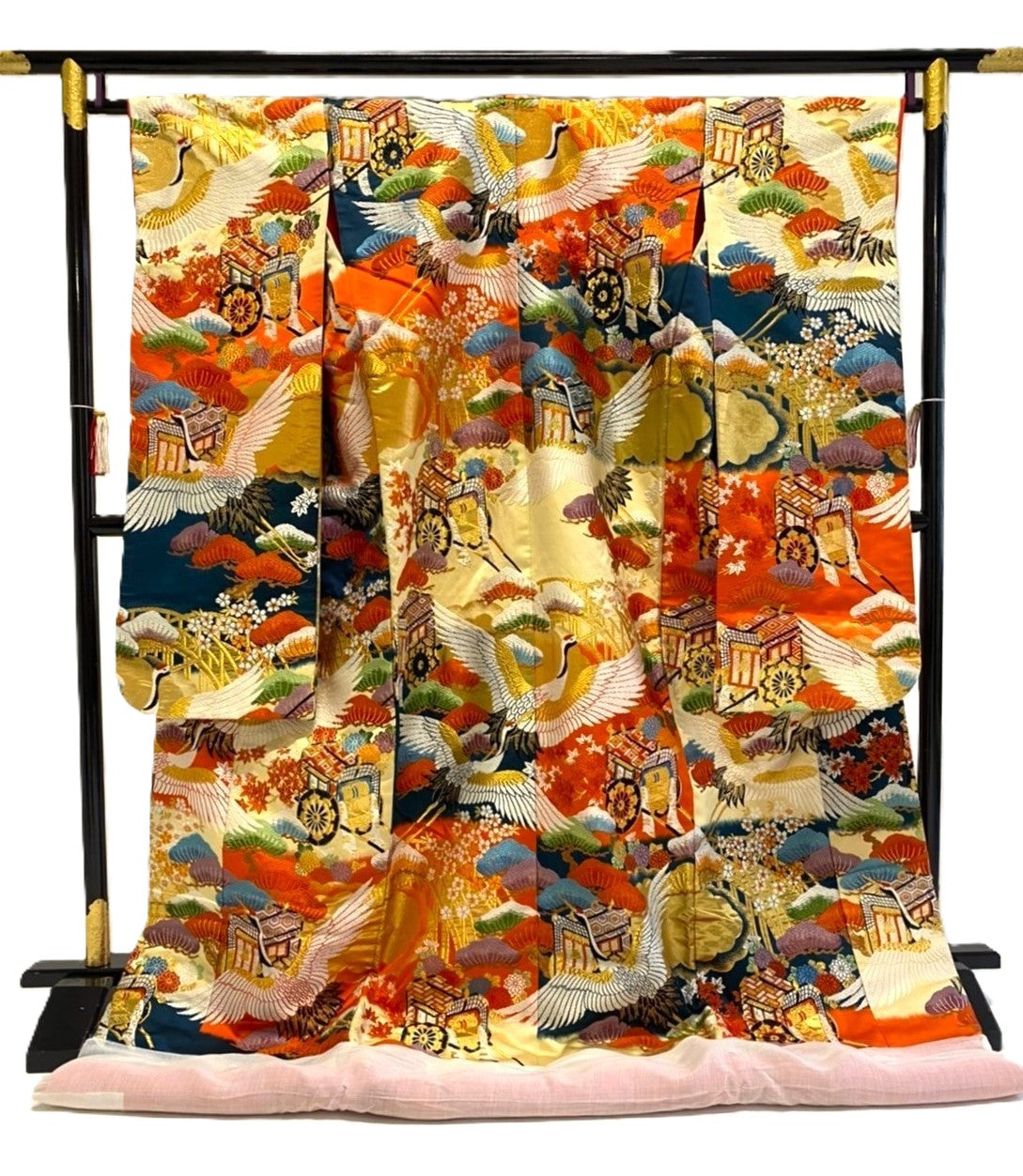 UCHIKAKE Wedding Kimono silk gold brocade cream orange indigo crane  Sakura Cherry blossom Chrysanthemum size free