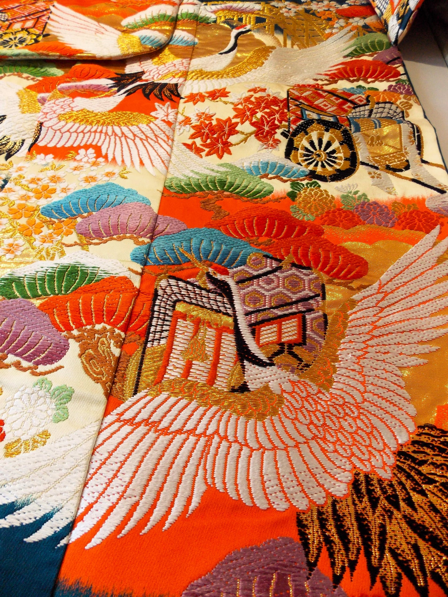 UCHIKAKE Wedding Kimono silk gold brocade cream orange indigo crane  Sakura Cherry blossom Chrysanthemum size free