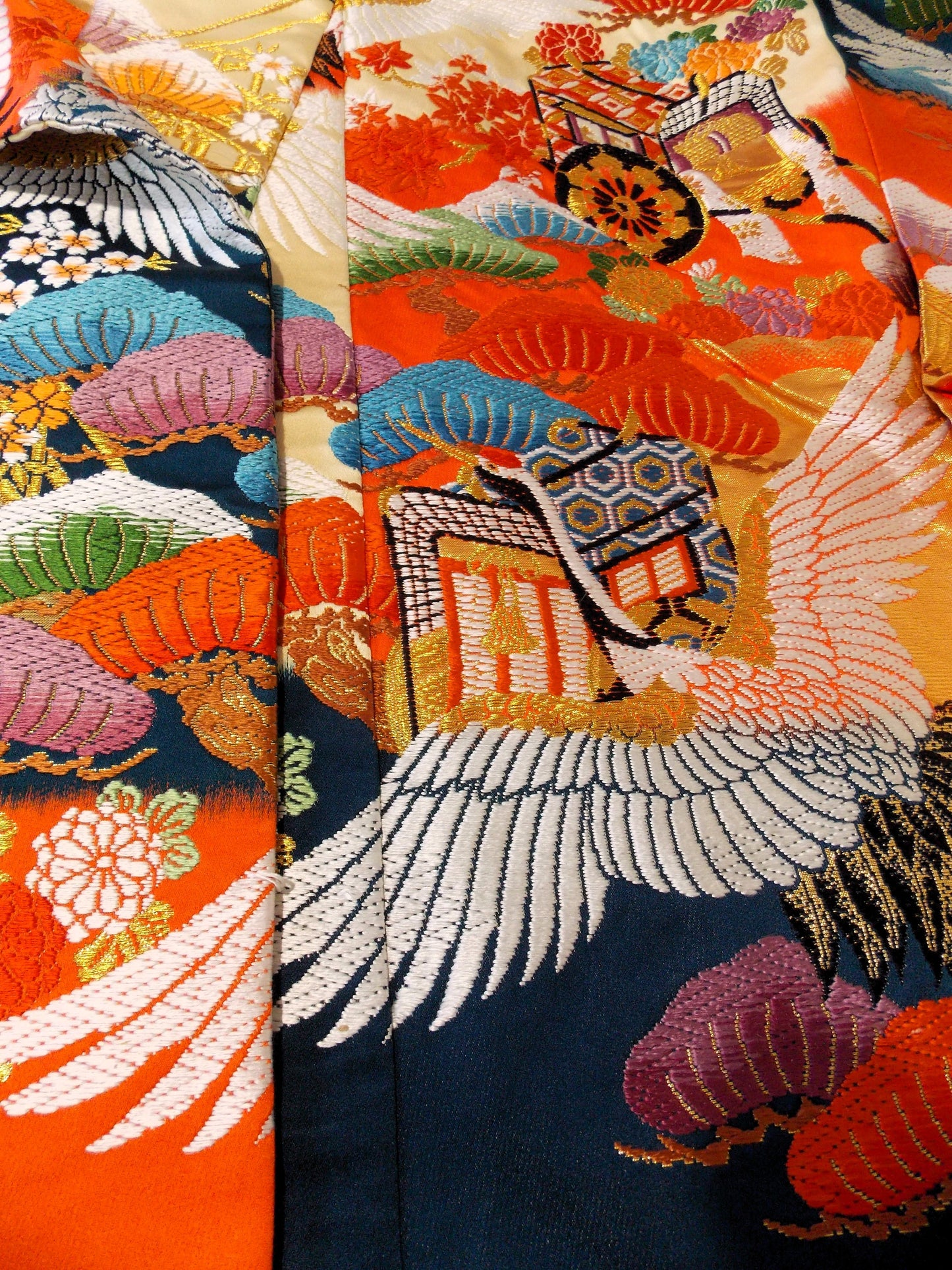 UCHIKAKE Wedding Kimono silk gold brocade cream orange indigo crane  Sakura Cherry blossom Chrysanthemum size free