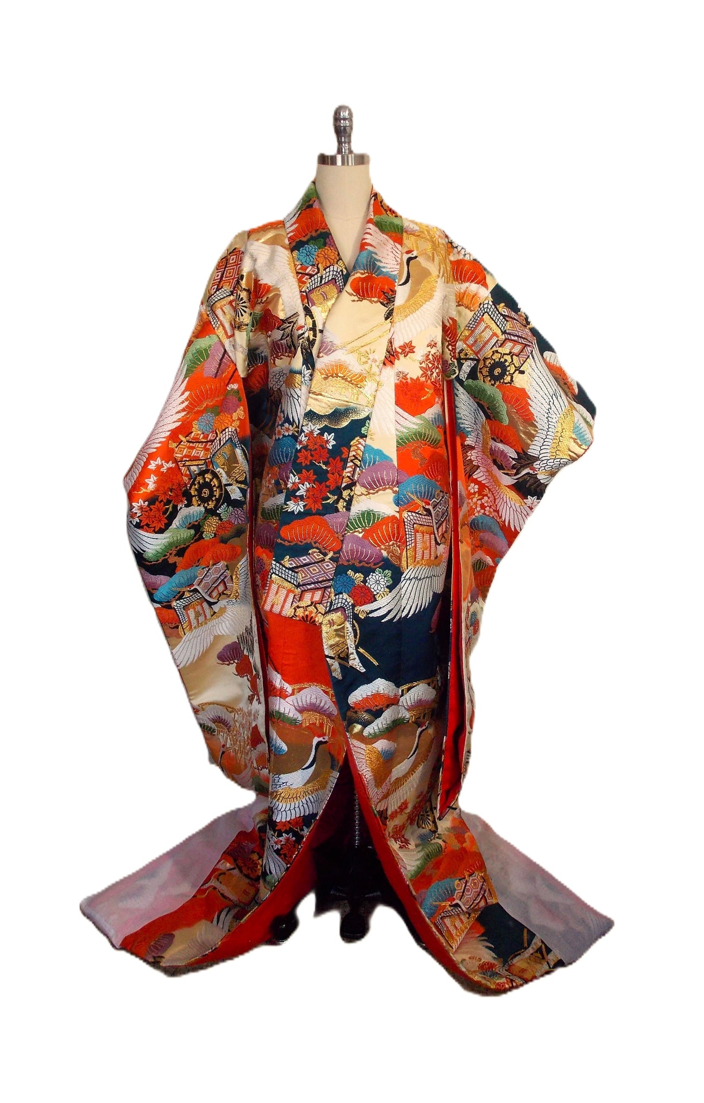 UCHIKAKE Wedding Kimono silk gold brocade cream orange indigo crane  Sakura Cherry blossom Chrysanthemum size free