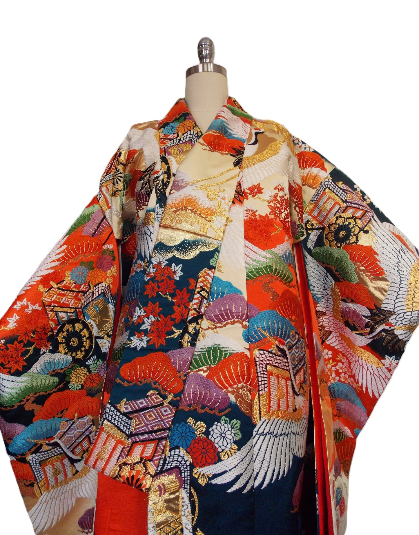 UCHIKAKE Wedding Kimono silk gold brocade cream orange indigo crane  Sakura Cherry blossom Chrysanthemum size free