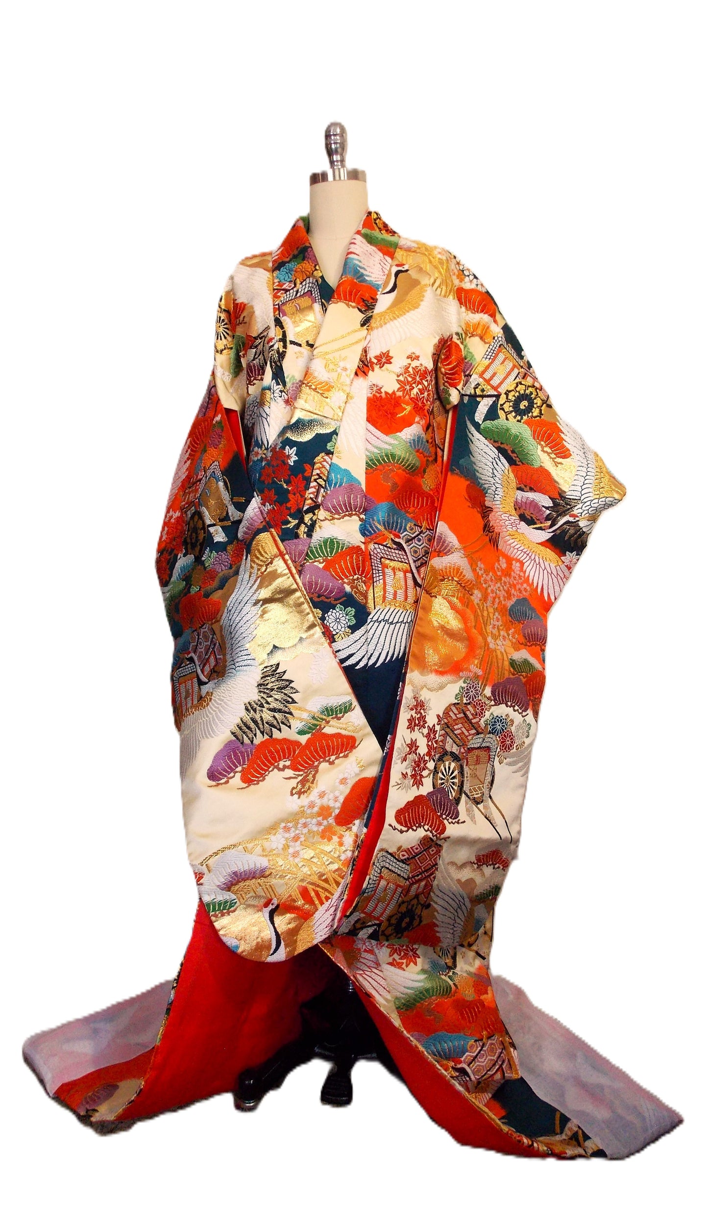 UCHIKAKE Wedding Kimono silk gold brocade cream orange indigo crane  Sakura Cherry blossom Chrysanthemum size free