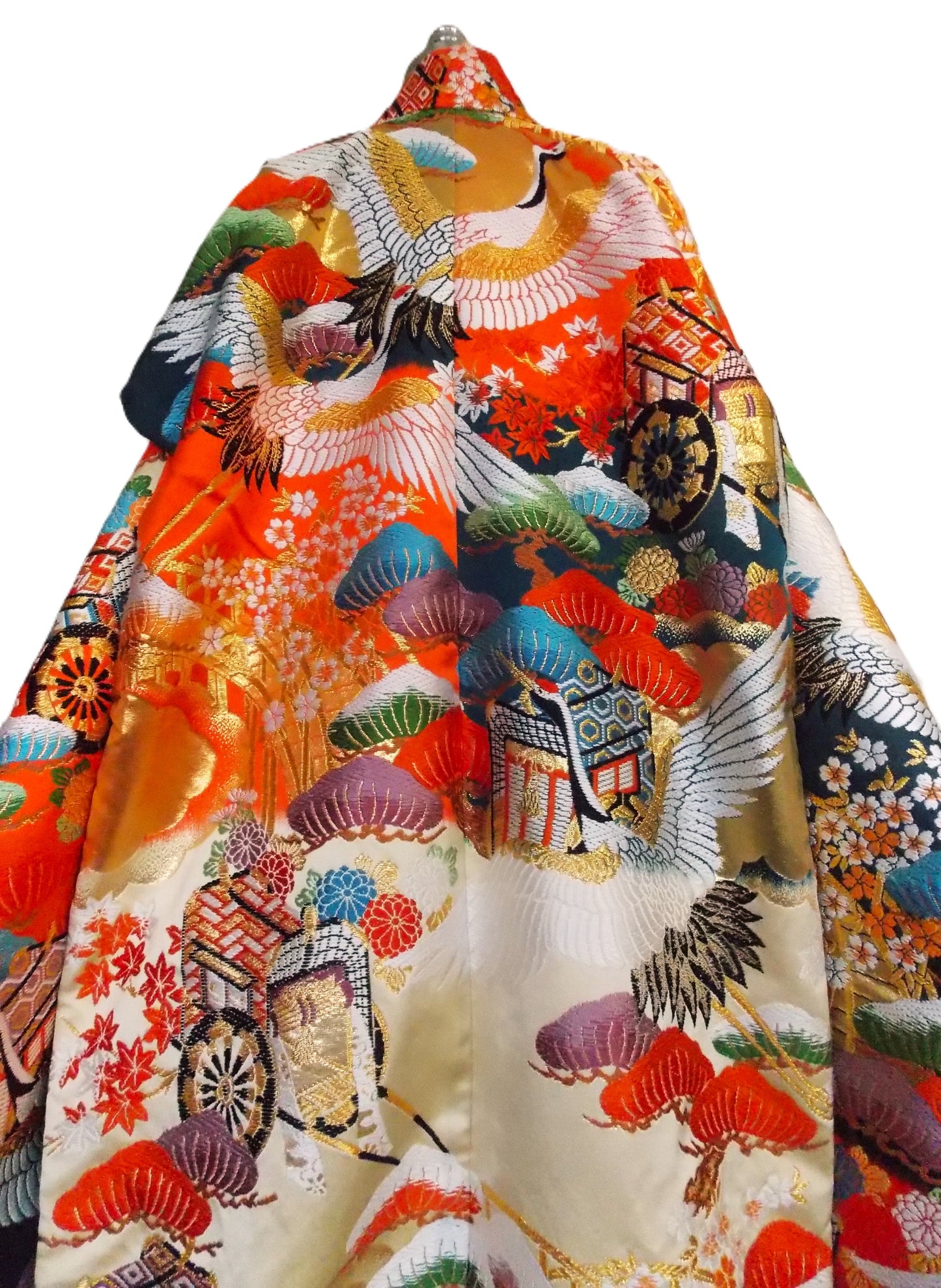 UCHIKAKE Wedding Kimono silk gold brocade cream orange indigo crane  Sakura Cherry blossom Chrysanthemum size free