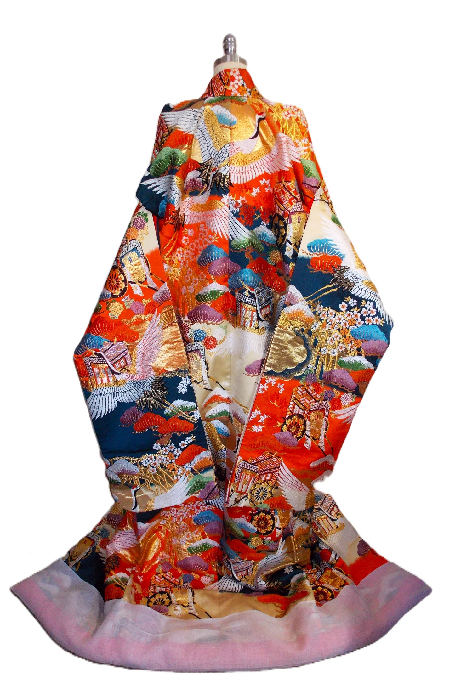 UCHIKAKE Wedding Kimono silk gold brocade cream orange indigo crane  Sakura Cherry blossom Chrysanthemum size free