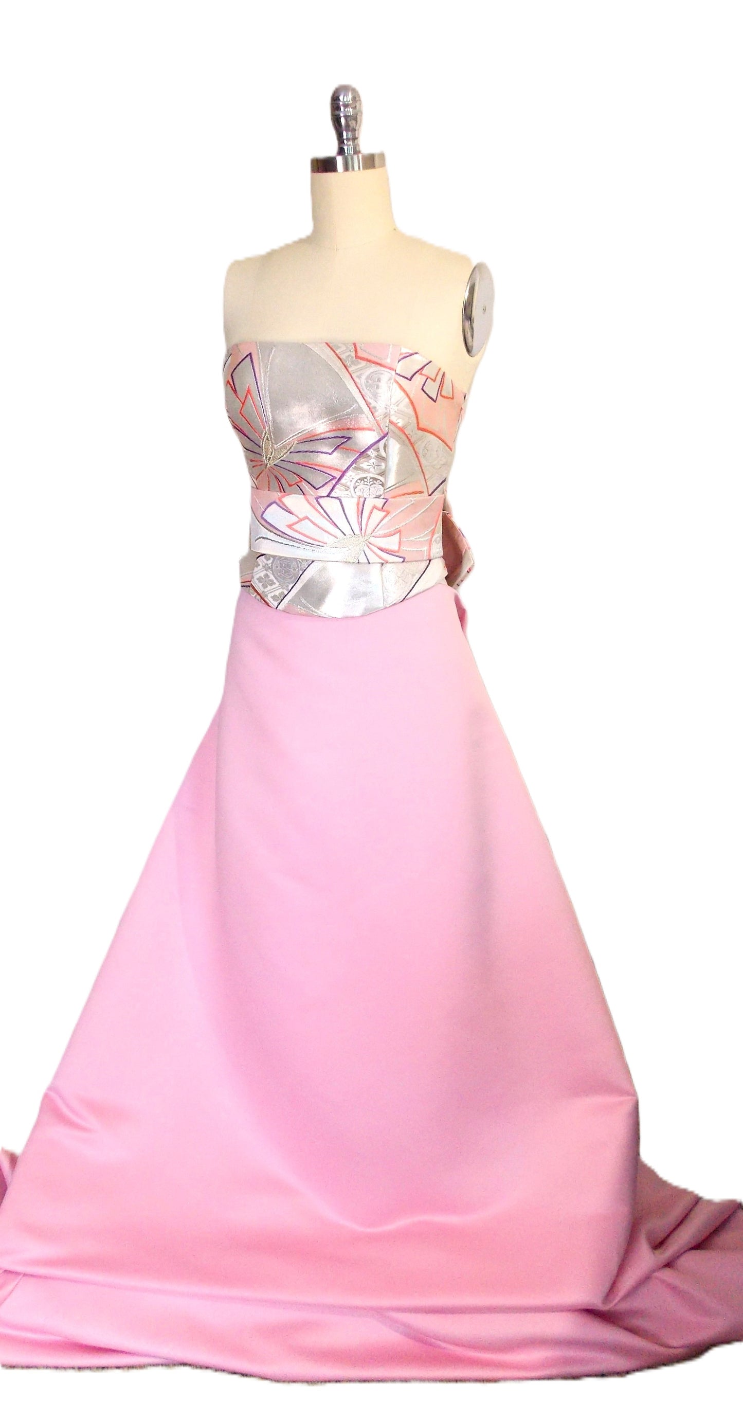 KIMONO wedding dress top bustier Lace up back made with vintage silk Pink silver OBI gold brocade butterfly KAMON flower size 8 10 ready to ship