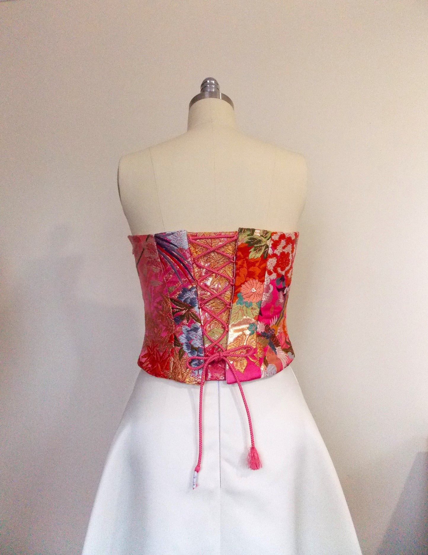 KIMONO wedding wedding dressdress top bustier Lace up back made with vintage silk Pink Fuchsia UCHIKAKE gold brocade crane flower size 8 10 ready to ship