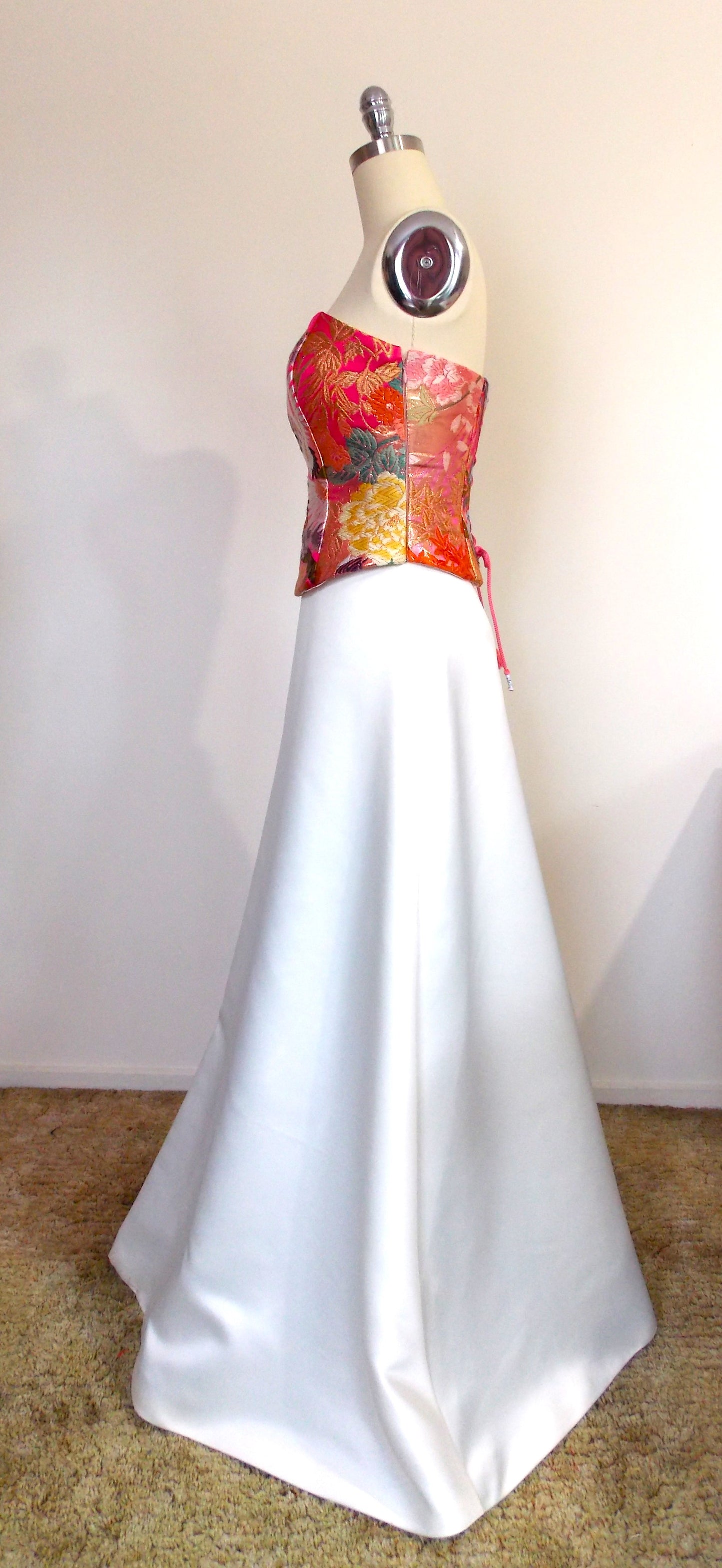 KIMONO wedding wedding dressdress top bustier Lace up back made with vintage silk Pink Fuchsia UCHIKAKE gold brocade crane flower size 8 10 ready to ship