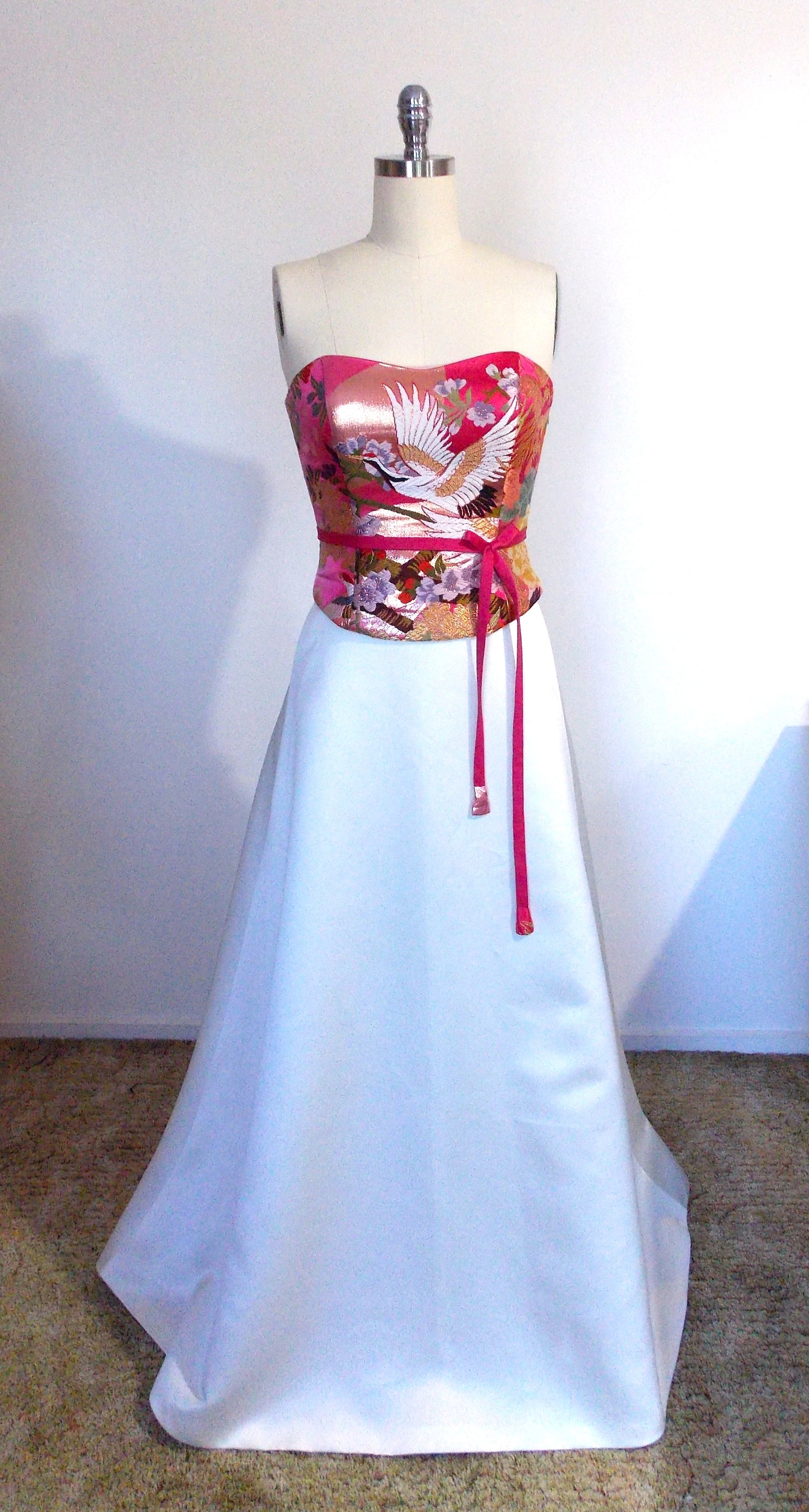 KIMONO wedding wedding dressdress top bustier Lace up back made with vintage silk Pink Fuchsia UCHIKAKE gold brocade crane flower size 8 10 ready to ship