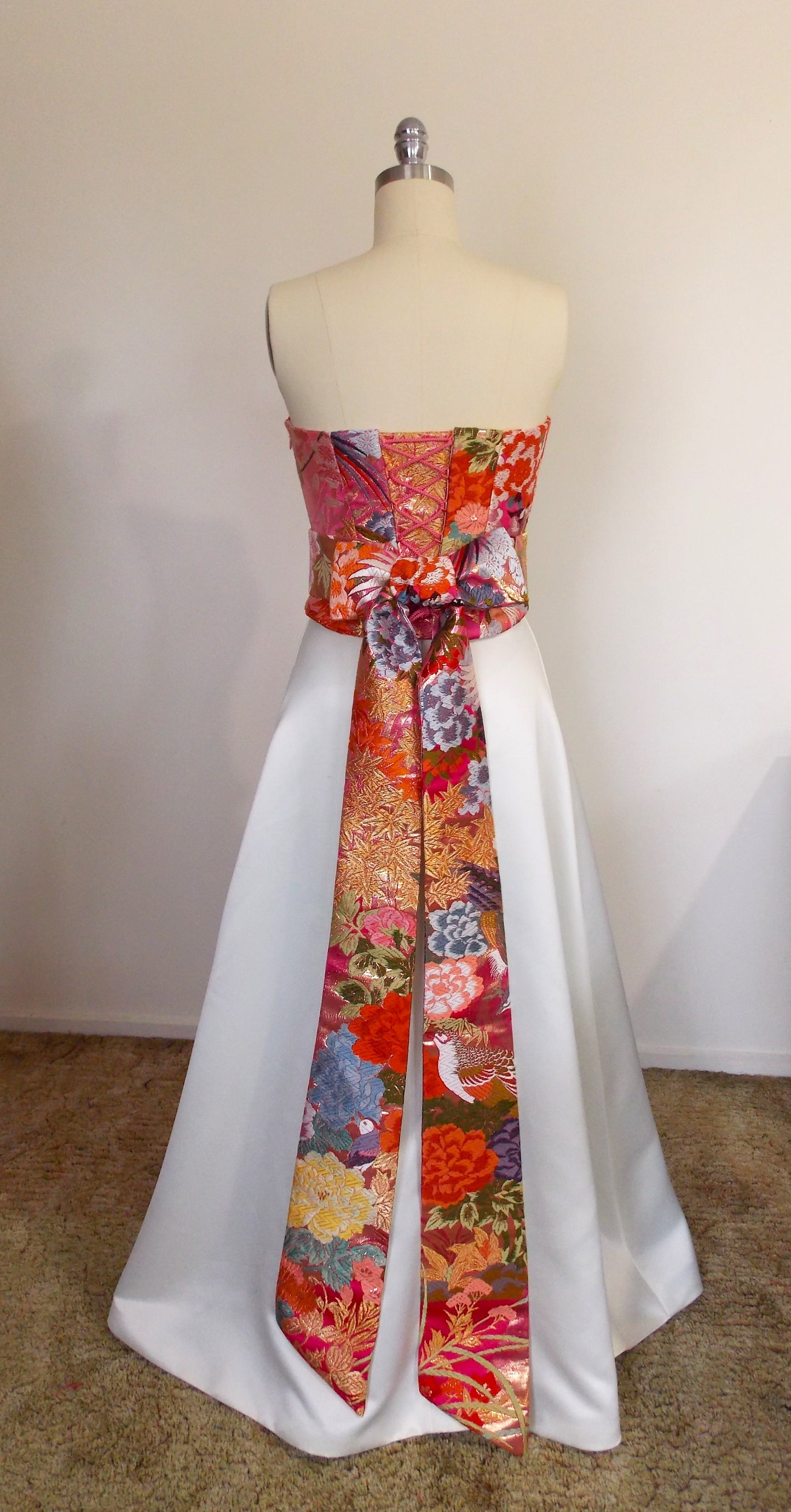 KIMONO wedding wedding dressdress top bustier Lace up back made with vintage silk Pink Fuchsia UCHIKAKE gold brocade crane flower size 8 10 ready to ship