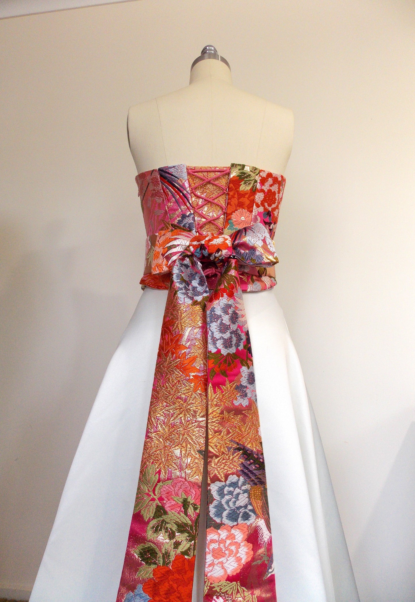 KIMONO wedding wedding dressdress top bustier Lace up back made with vintage silk Pink Fuchsia UCHIKAKE gold brocade crane flower size 8 10 ready to ship