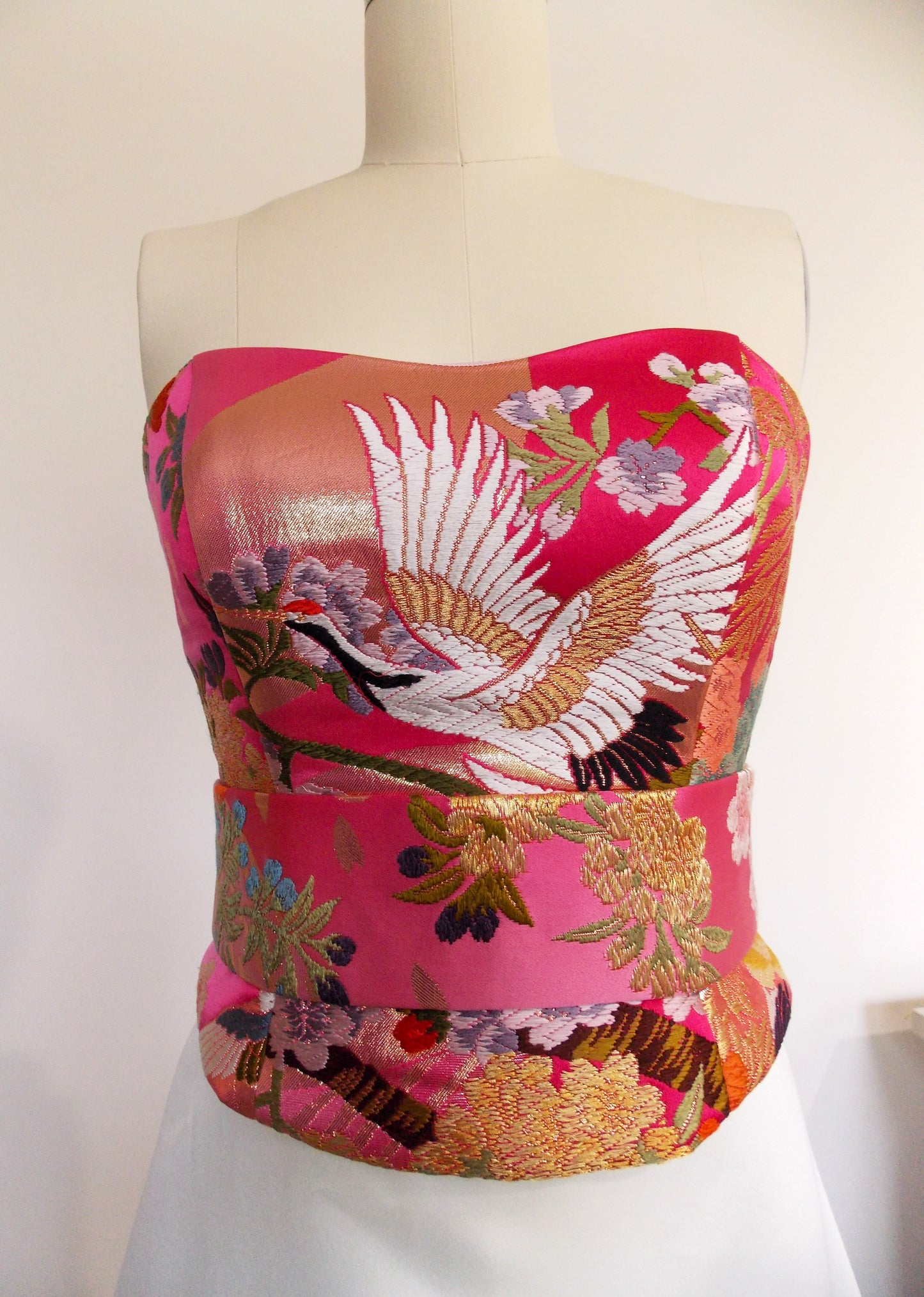 KIMONO wedding wedding dressdress top bustier Lace up back made with vintage silk Pink Fuchsia UCHIKAKE gold brocade crane flower size 8 10 ready to ship