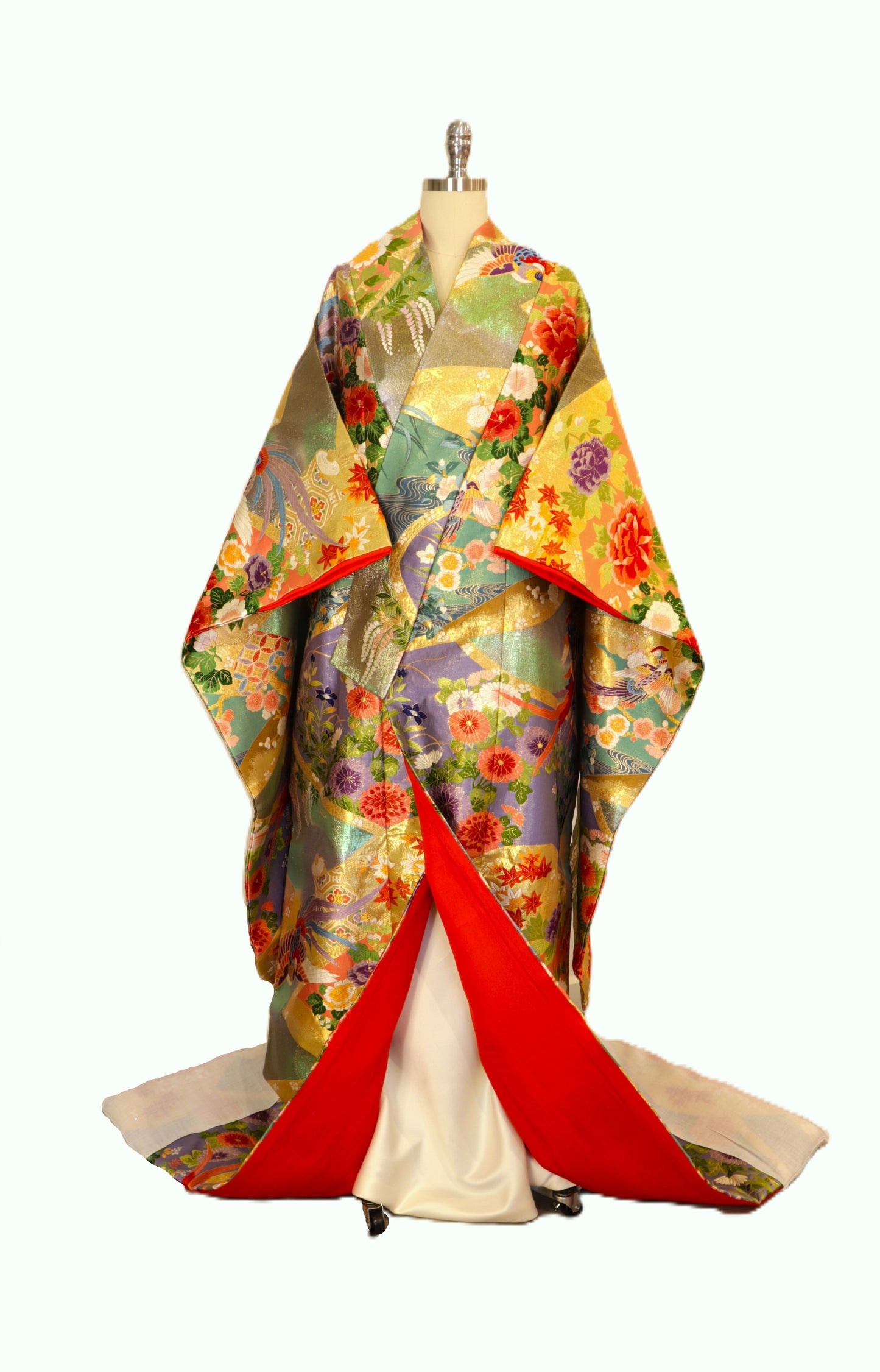 UCHIKAKE Wedding Kimono silk gold brocade aquamarine lavender gold phoenix size free