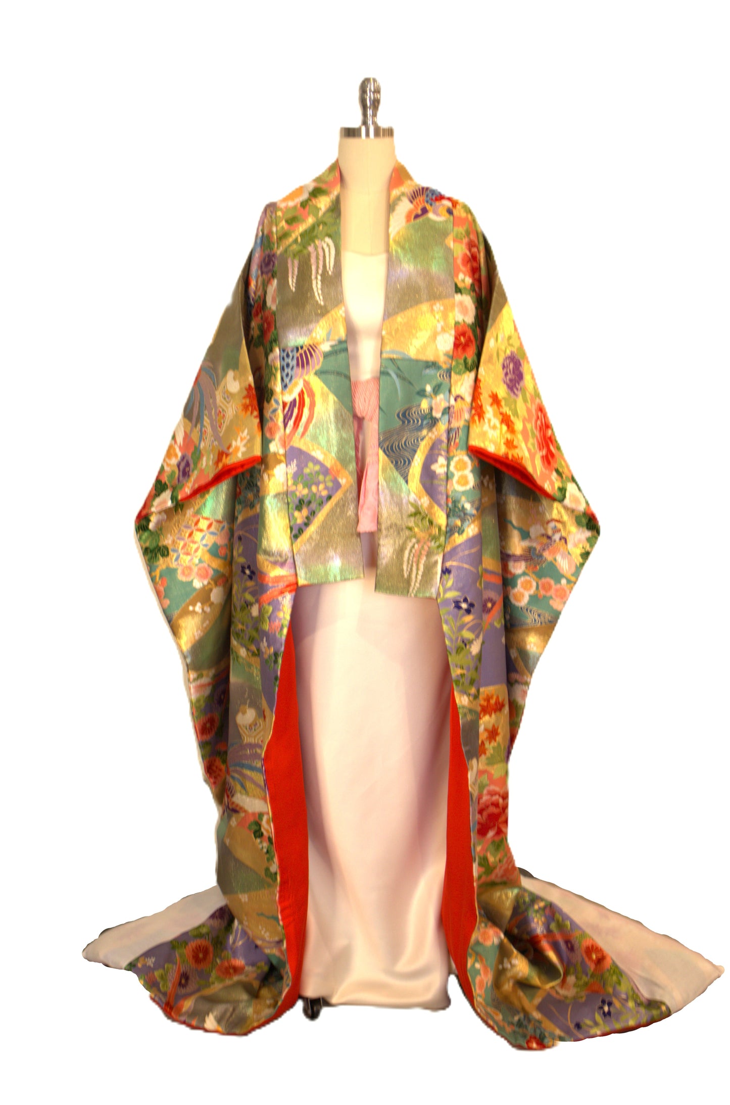 UCHIKAKE Wedding Kimono silk gold brocade aquamarine lavender gold phoenix size free