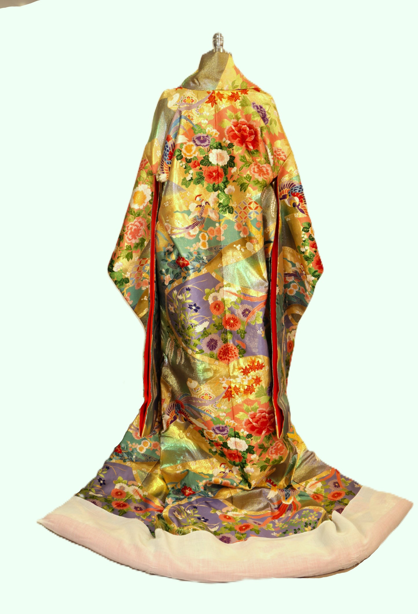 UCHIKAKE Wedding Kimono silk gold brocade aquamarine lavender gold phoenix size free