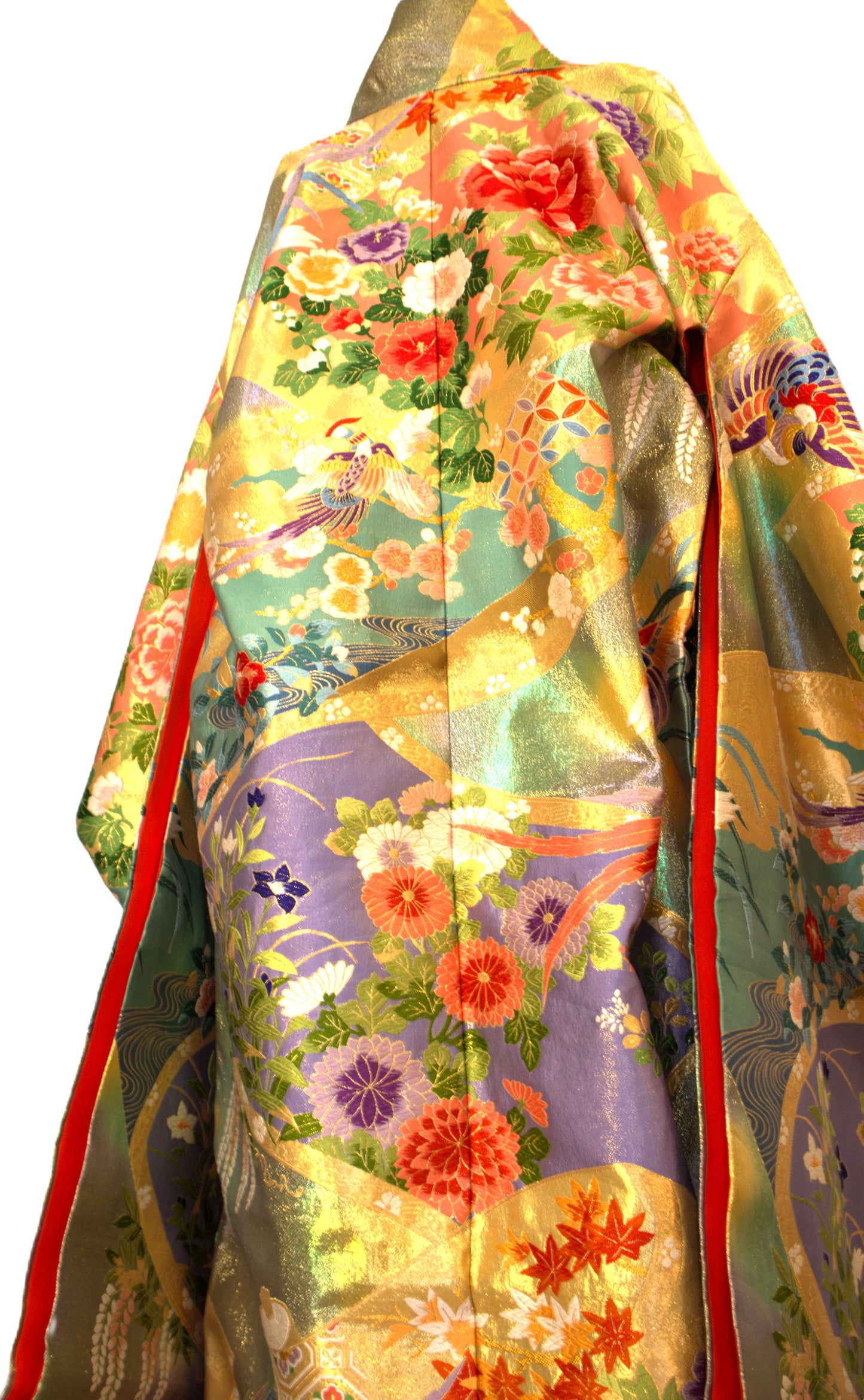 UCHIKAKE Wedding Kimono silk gold brocade aquamarine lavender gold phoenix size free