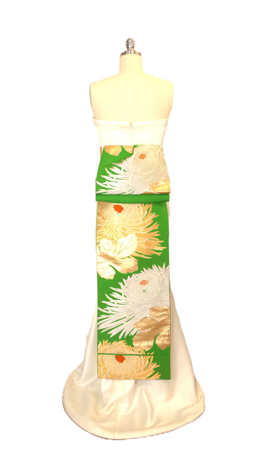 OBI sash long tail pre tied silk gold brocade Fresh Green Gold Silver White Chrysanthemum