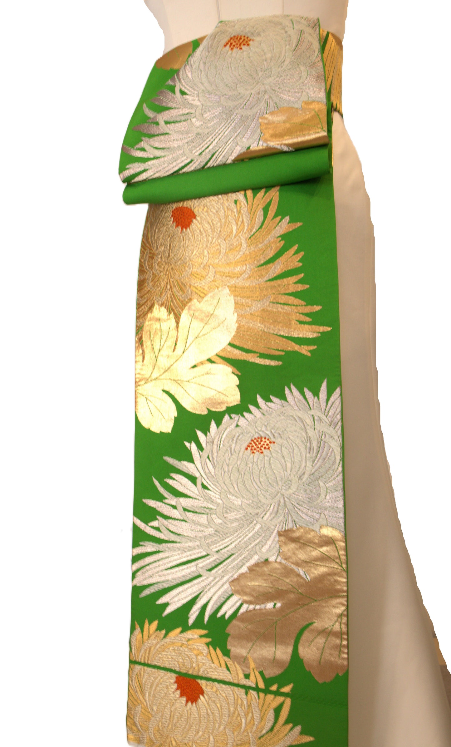 OBI sash long tail pre tied silk gold brocade Fresh Green Gold Silver White Chrysanthemum