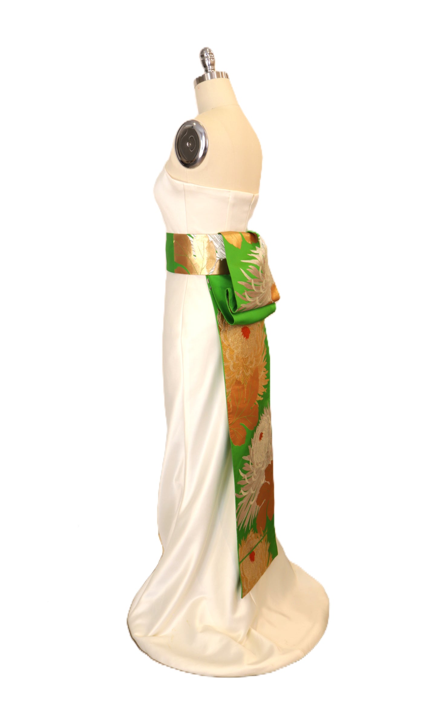 OBI sash long tail pre tied silk gold brocade Fresh Green Gold Silver White Chrysanthemum