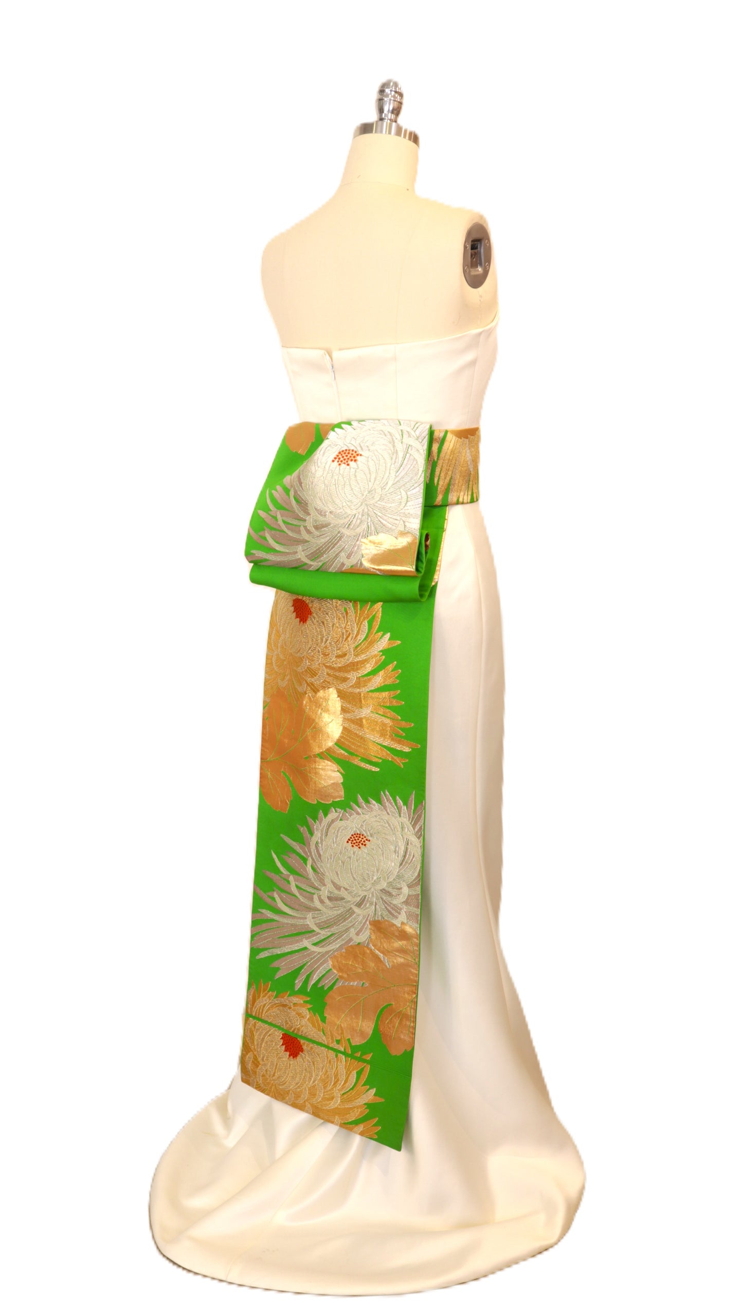 OBI sash long tail pre tied silk gold brocade Fresh Green Gold Silver White Chrysanthemum