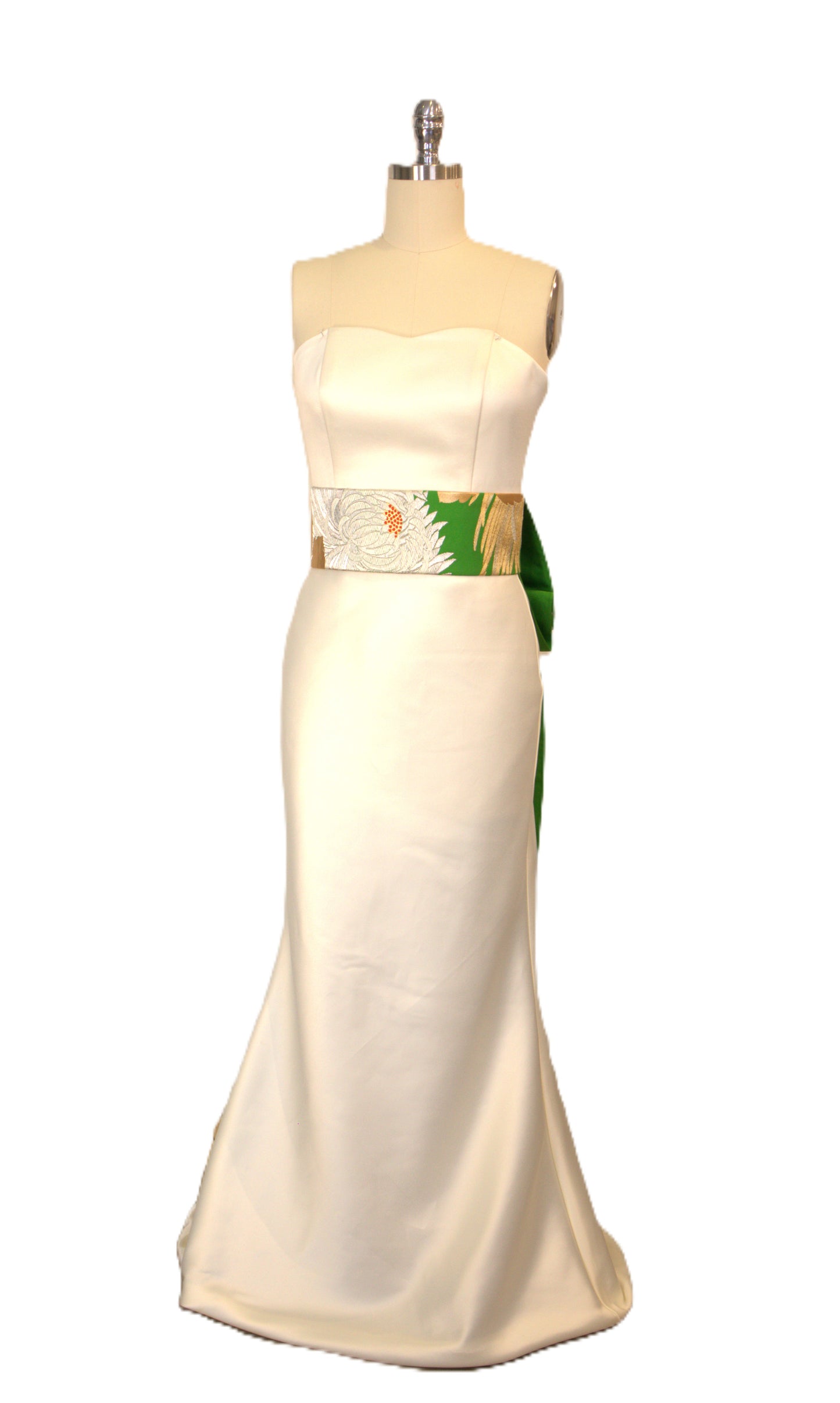 OBI sash long tail pre tied silk gold brocade Fresh Green Gold Silver White Chrysanthemum