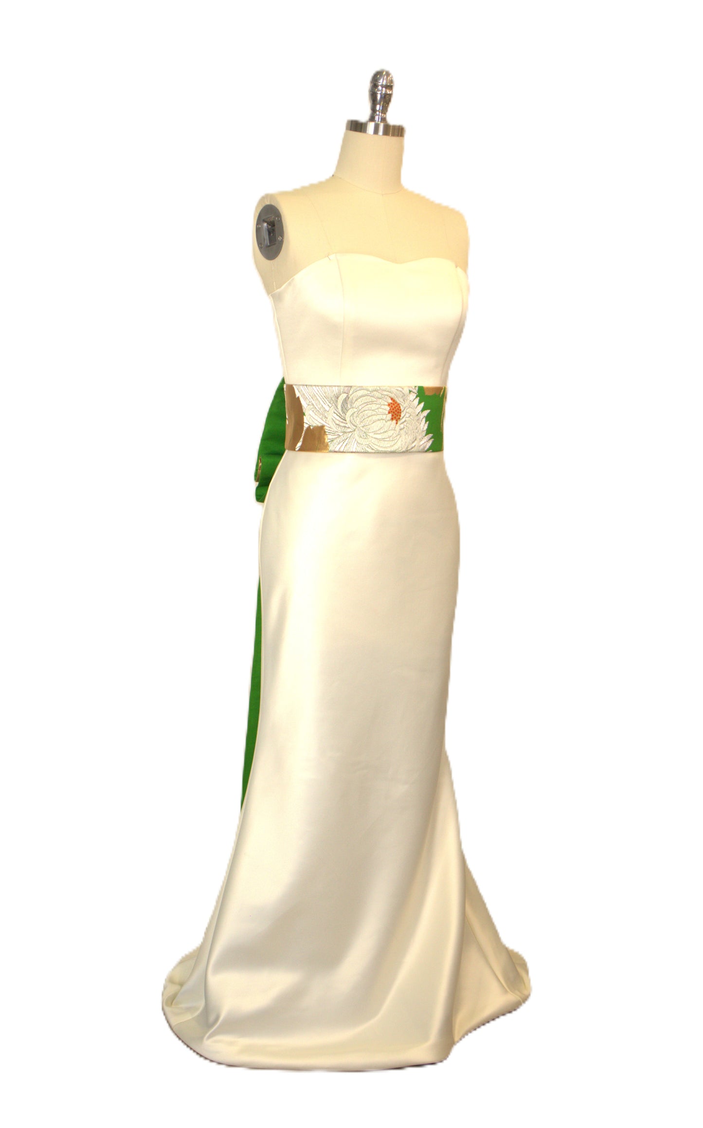 OBI sash long tail pre tied silk gold brocade Fresh Green Gold Silver White Chrysanthemum