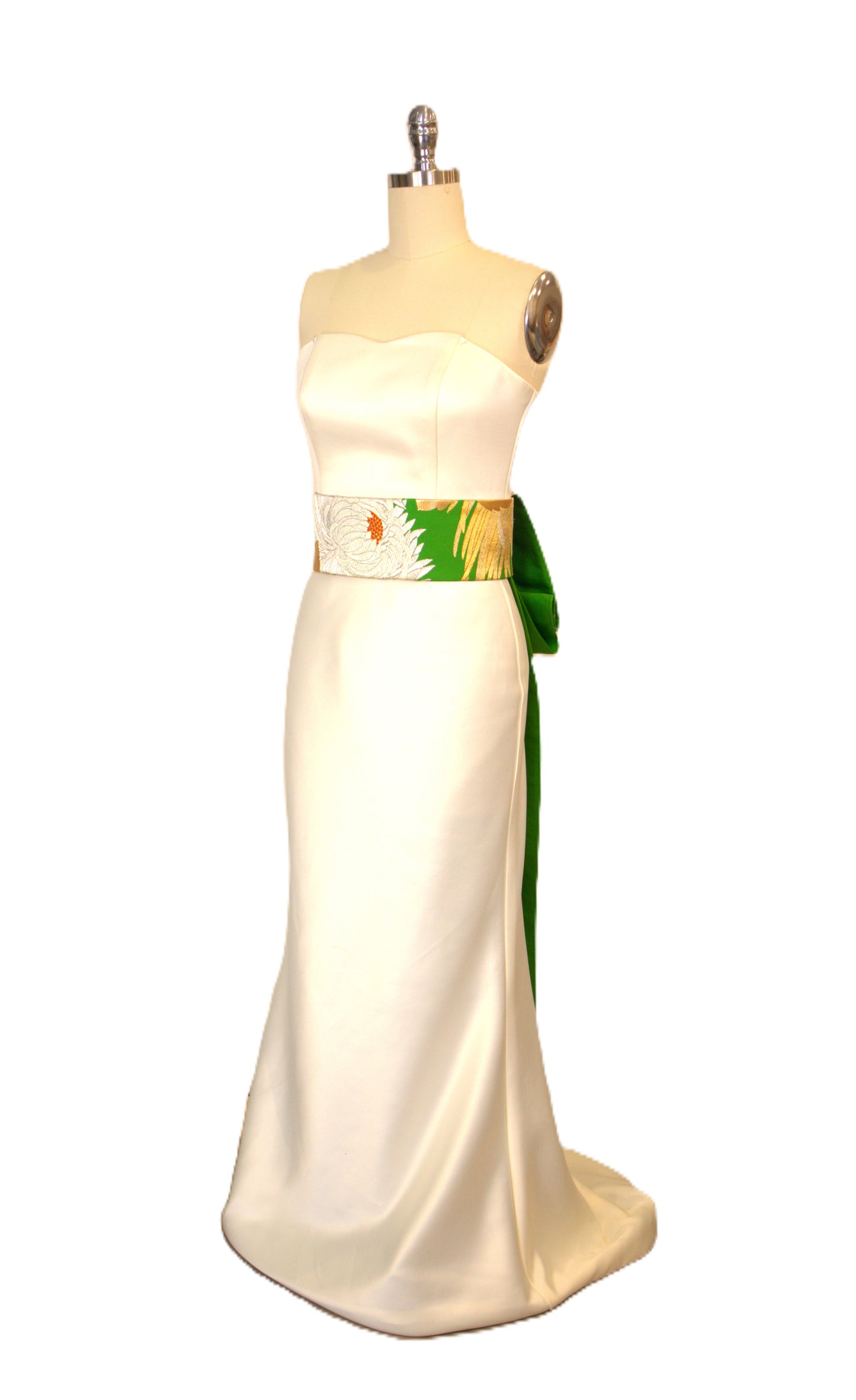 OBI sash long tail pre tied silk gold brocade Fresh Green Gold Silver White Chrysanthemum