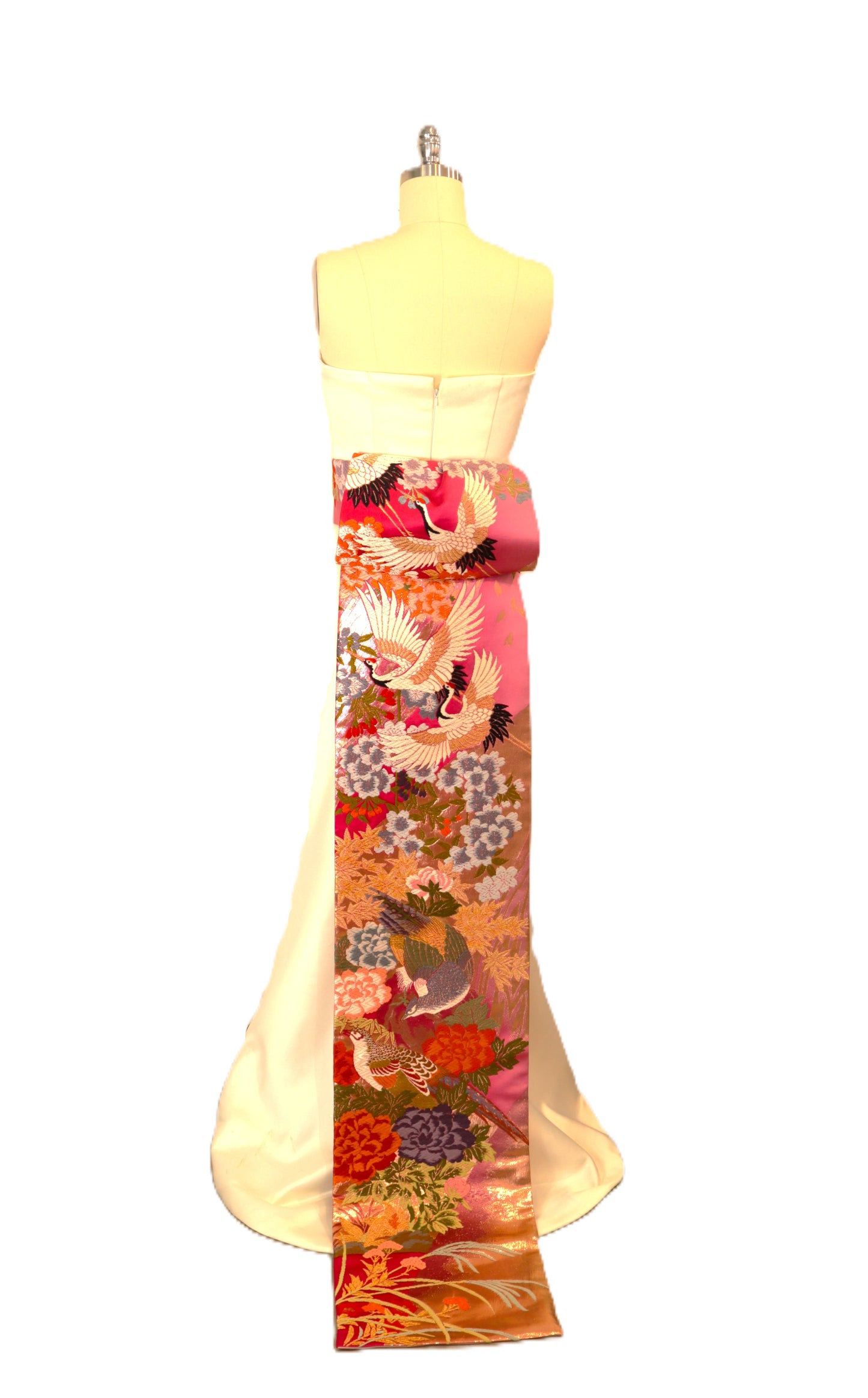 Ceinture KIMONO OBI longue queue pré-nouée mariage vintage UCHIKAKE soie brocart or rouge bleu sarcelle blanc grue fleur de cerisier prêt à être expédié