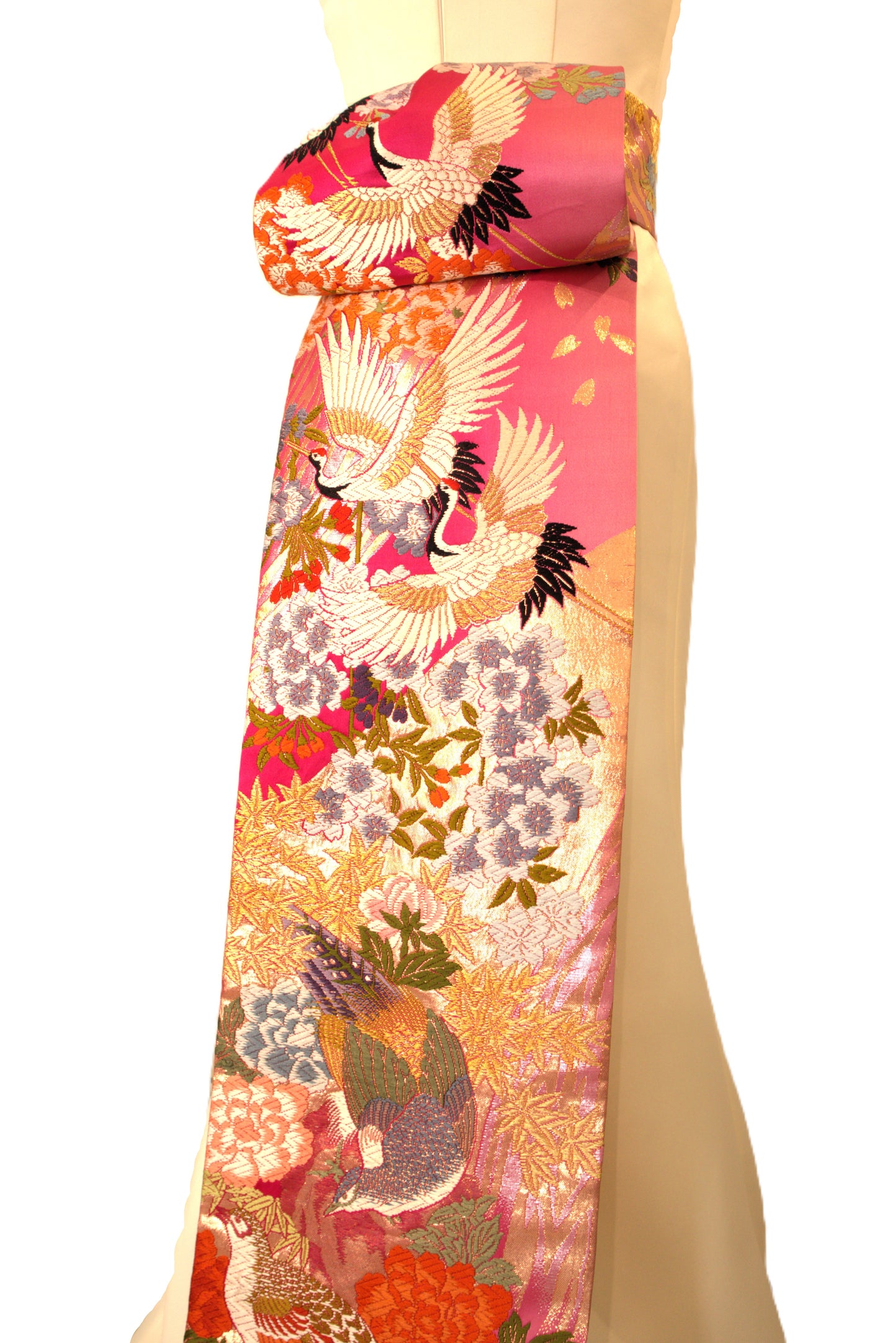 Ceinture KIMONO OBI longue queue pré-nouée mariage vintage UCHIKAKE soie brocart or rouge bleu sarcelle blanc grue fleur de cerisier prêt à être expédié