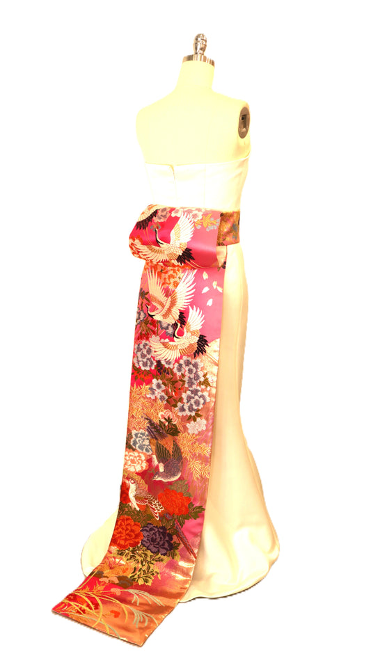 KIMONO OBI sash long tail pre tied Wedding UCHIKAKE silk gold brocade ready to ship